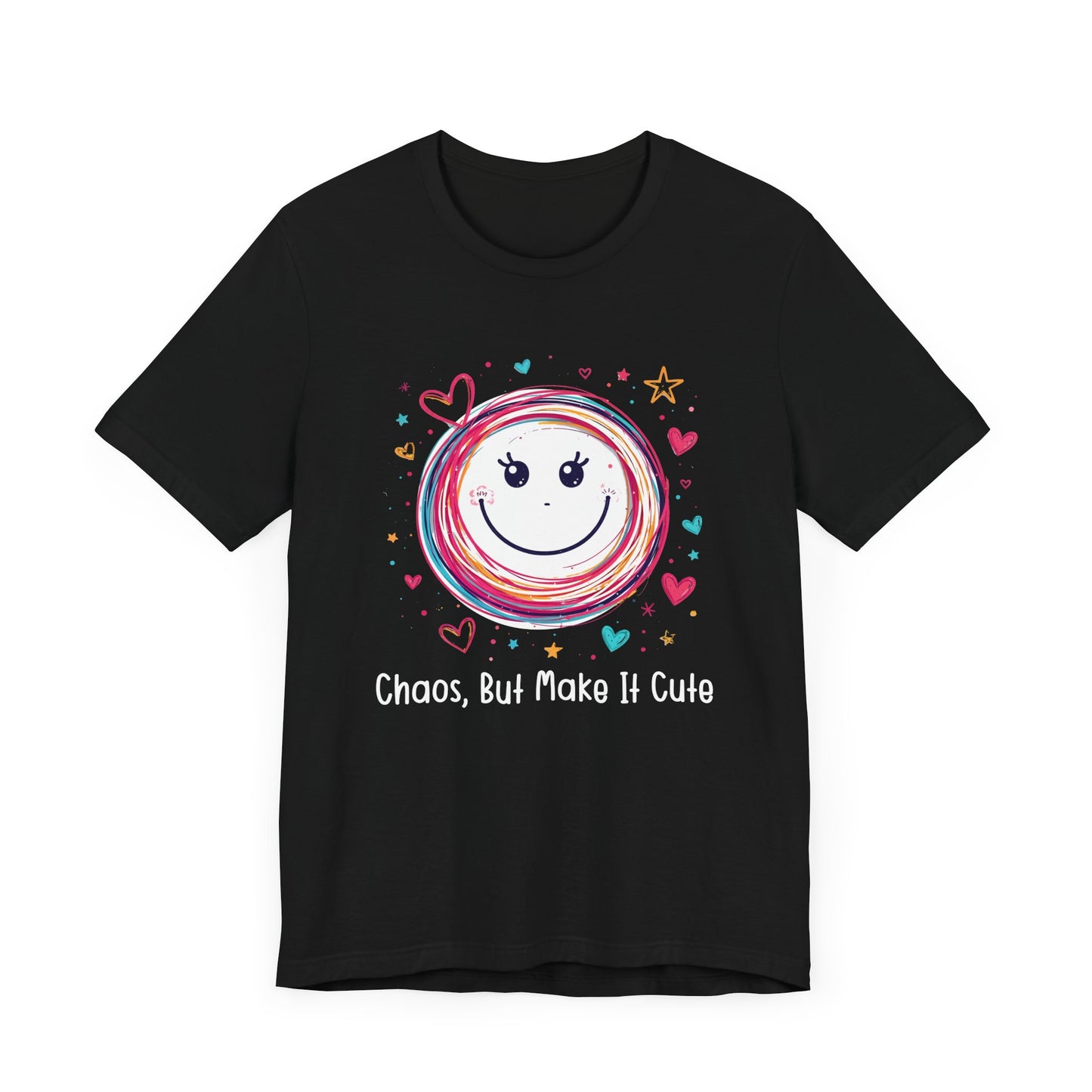 Chaos, But Make It Cute – Colorful Scribbled Circles with Smiley, Hearts & Stars Graphic T-Shirt