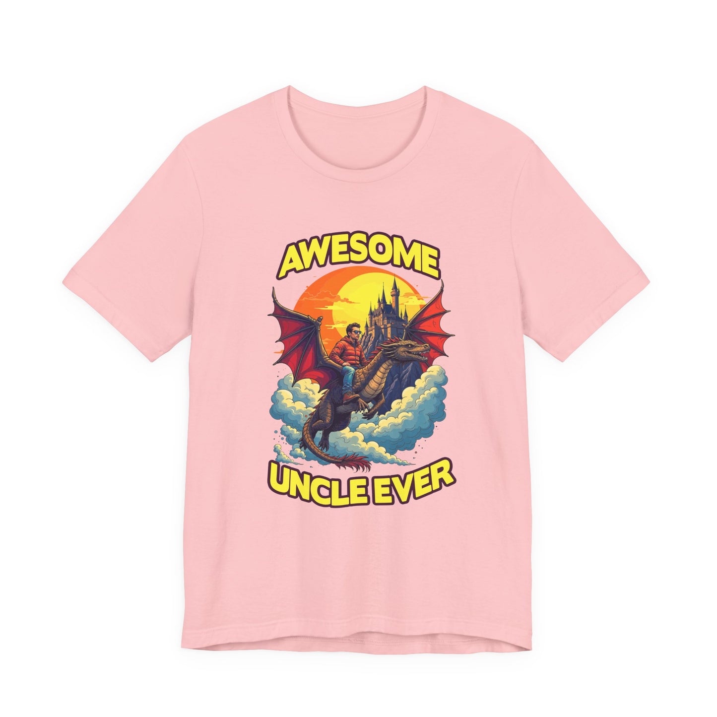 Awesome Uncle Ever Tshirt Man Riding Large Dragon Flying in Clouds with Castle in background
