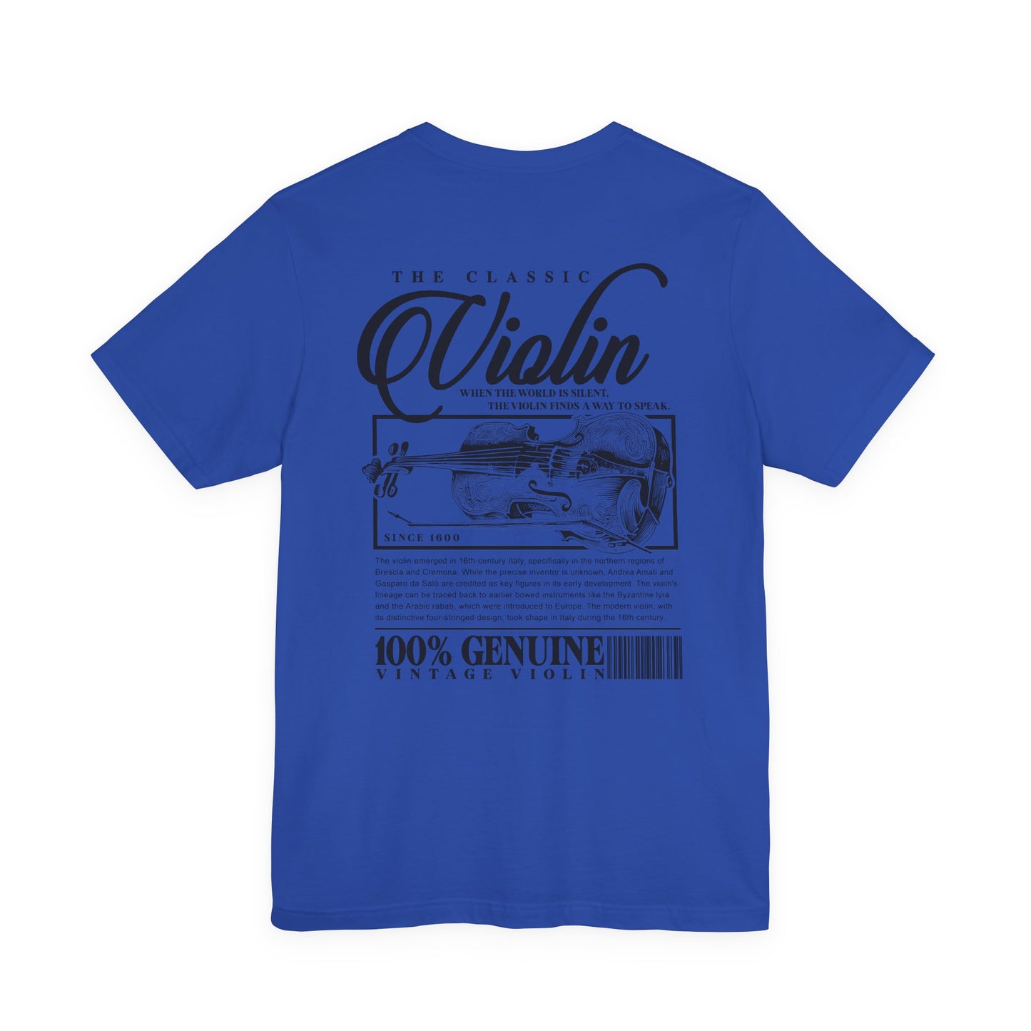 The Classic Violin T-Shirt – Vintage Instrument & 16th Century Story [Black Text]