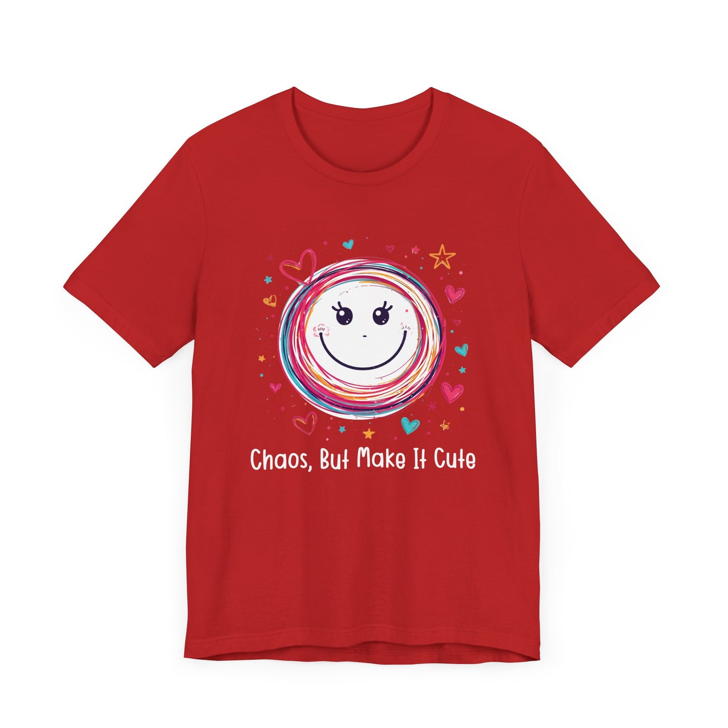 Chaos, But Make It Cute – Colorful Scribbled Circles with Smiley, Hearts & Stars Graphic T-Shirt