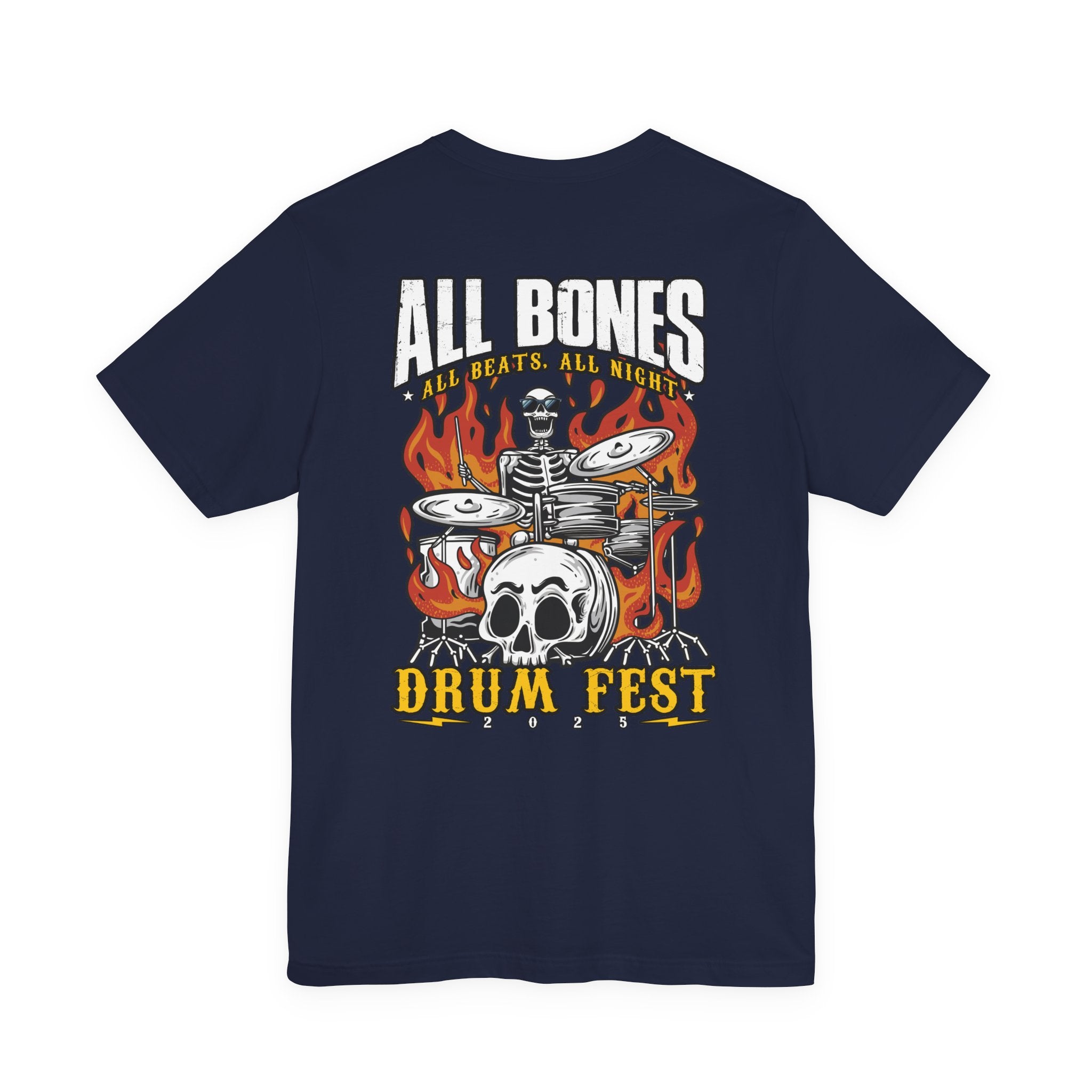 All Bones Drum Fest 2025 T-Shirt – Skeleton Drummer Fiery Rock Design
