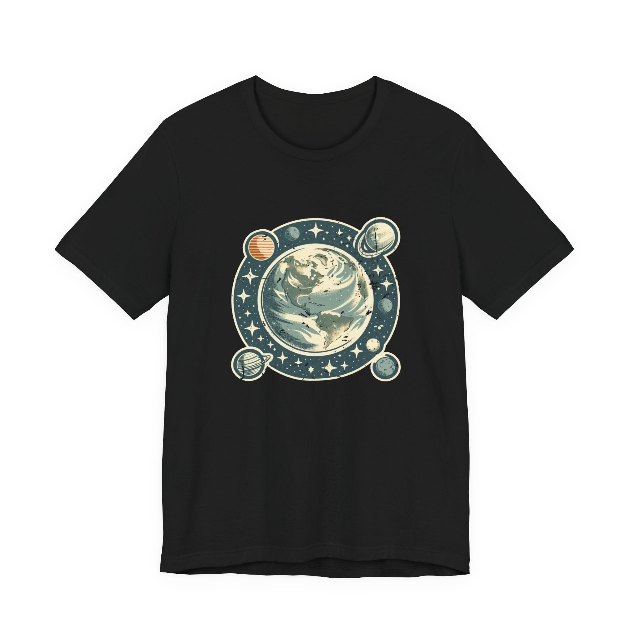 Earth Was Cool Tshirt – Gray Earth with Circular Planets and Stars Design