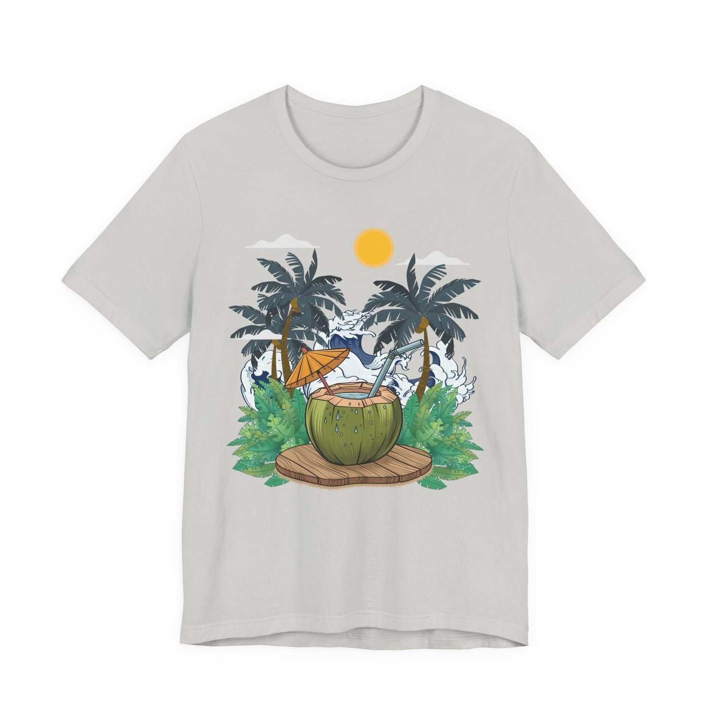 Paradise Found Tropical Refresh – Tender Coconut Drink with Palm Leaves & Ocean Waves Graphic T-Shirt
