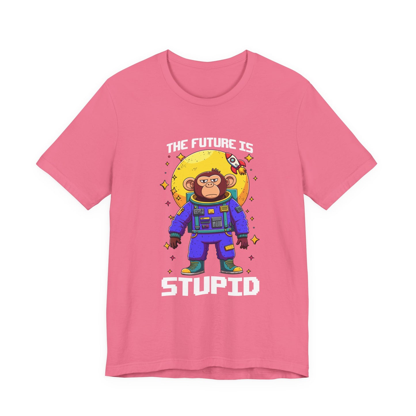 The Future Is Stupid Tshirt – Monkey in Colorful Spacesuit with Stars & Rocket Graphic
