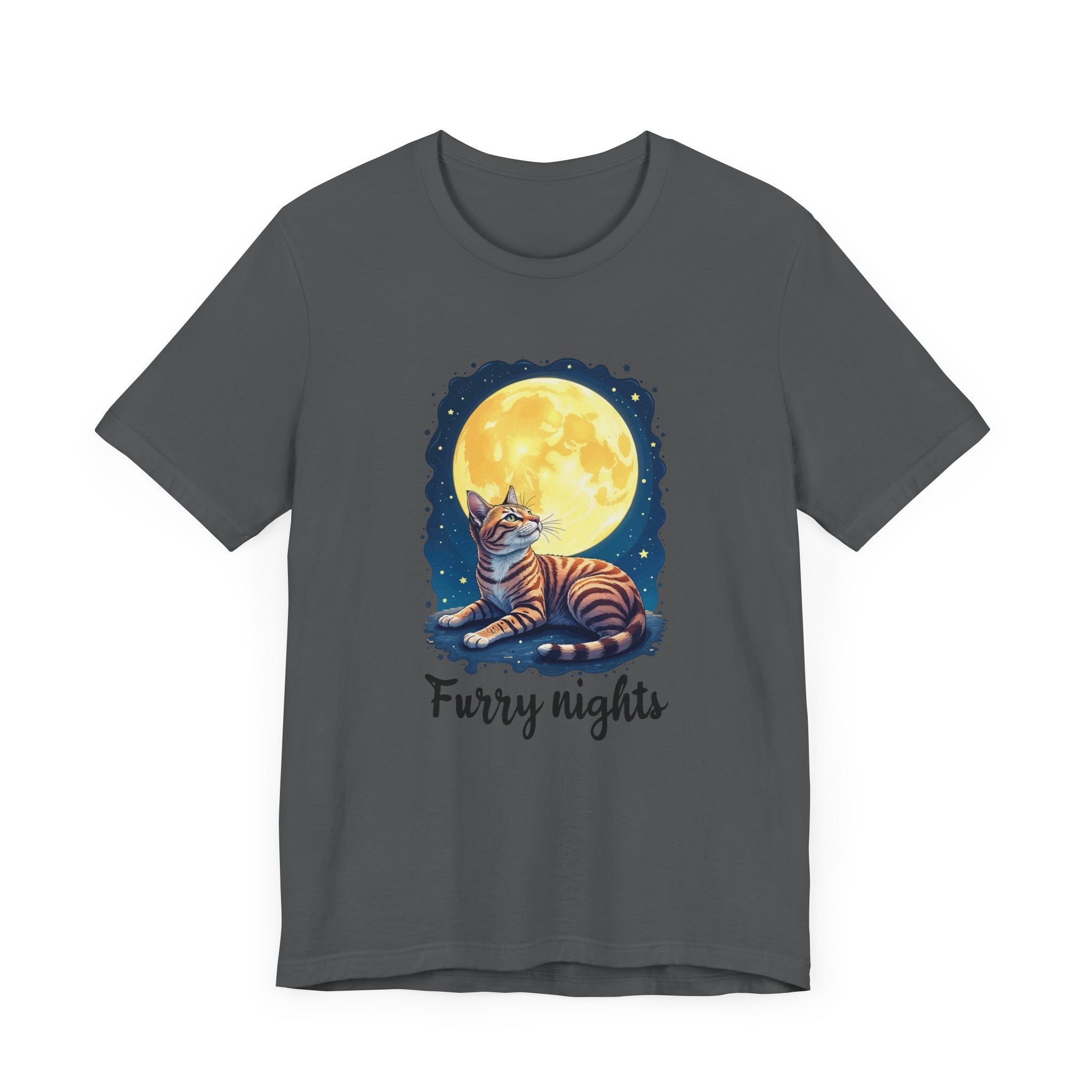 Moon Bath  - Furry Nights – Cat Watching Full Moon and Starry Sky Graphic T-Shirt