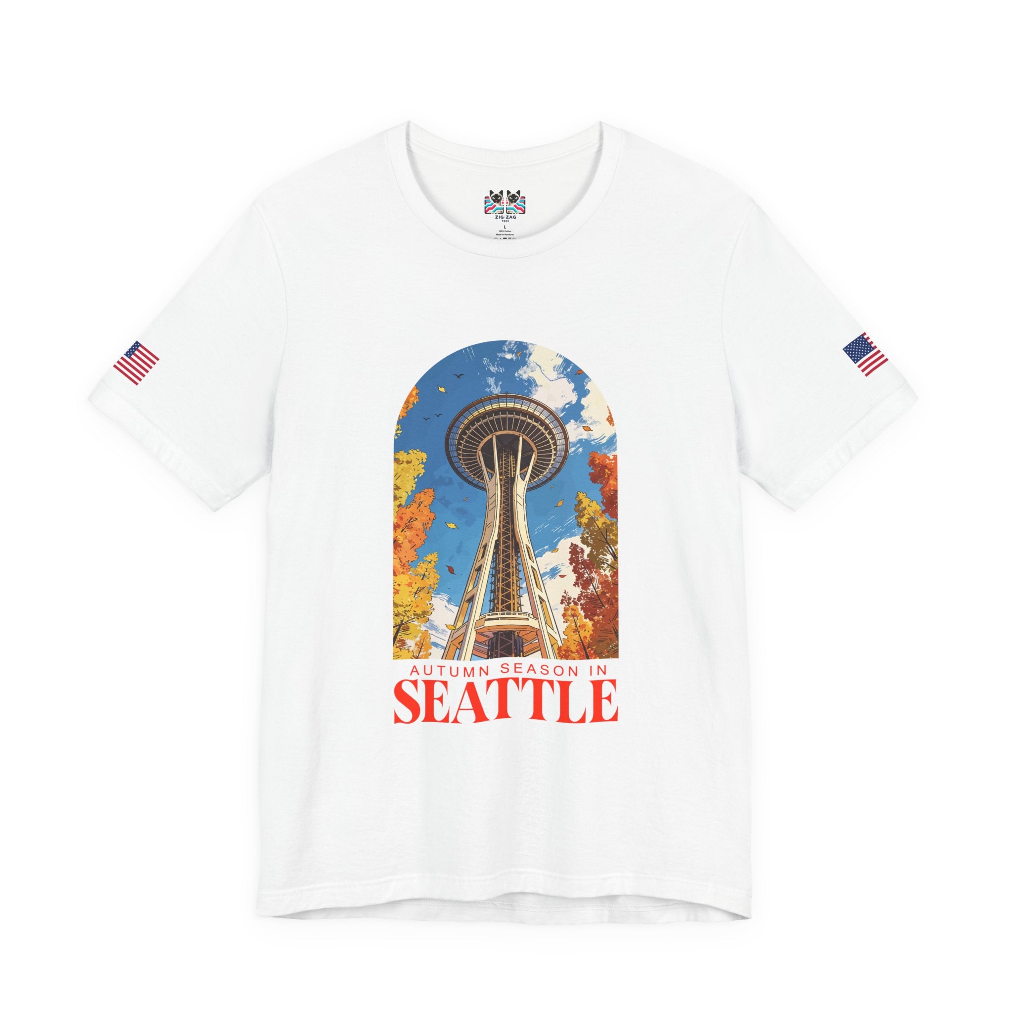 Autumn Season in Seattle Space Needle Fall Foliage T-Shirt | Seattle Fall Graphic Tee | Space Needle Seasonal Shirt