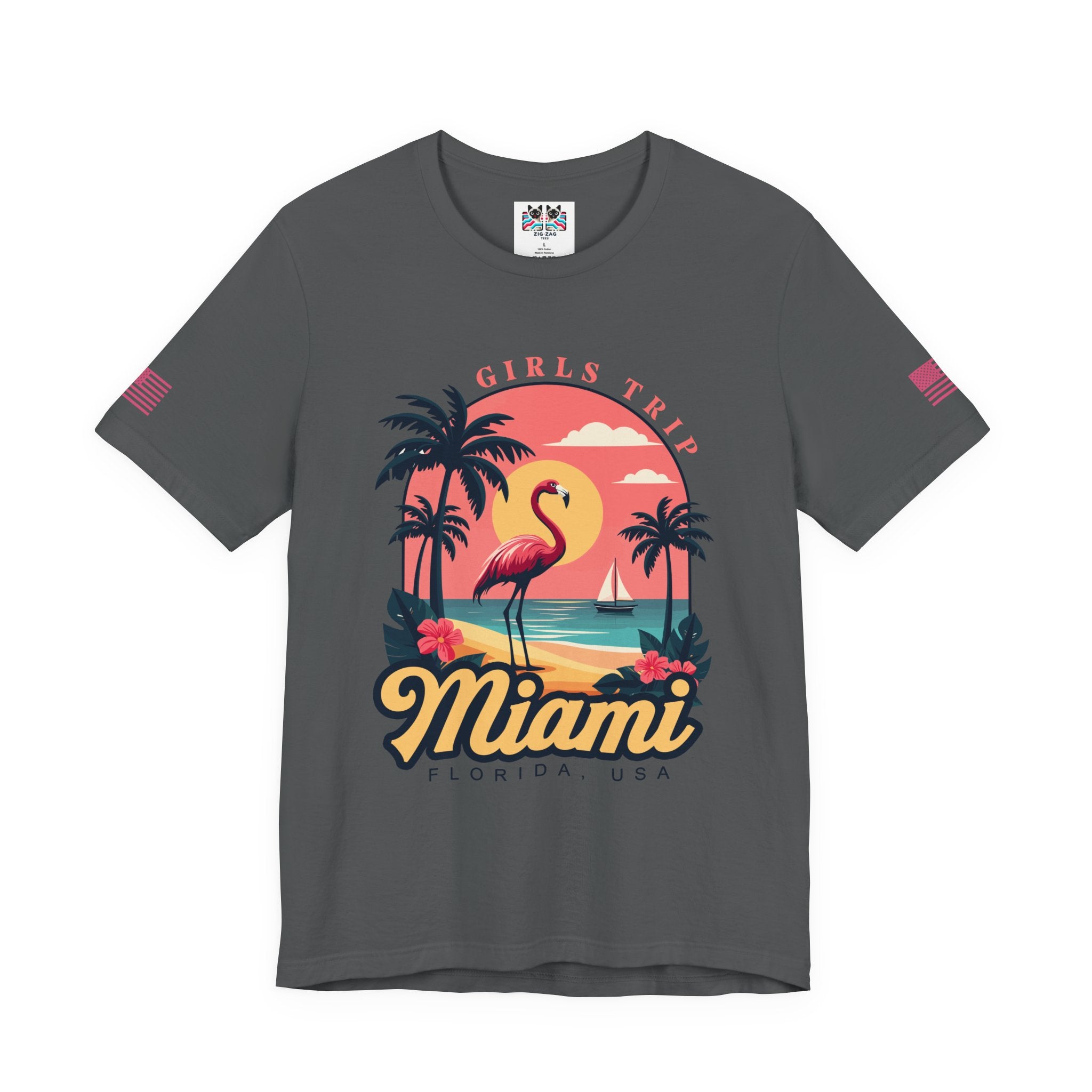 Miami Girls Trip Florida USA T-Shirt – Flamingo Sunset Palm Tree Beach Graphic Tee
