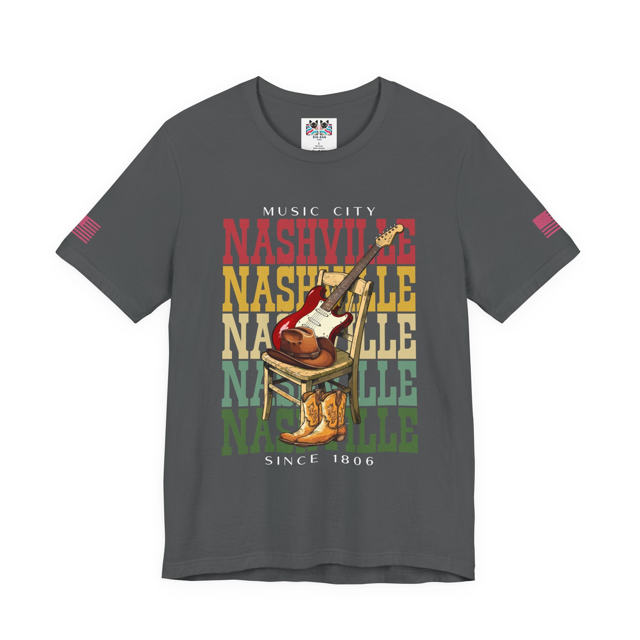 Music City Nashville T-Shirt – Stacked Repeat Typography Electric Guitar Cowboy Hat & Boots Graphic Tee Since 1806