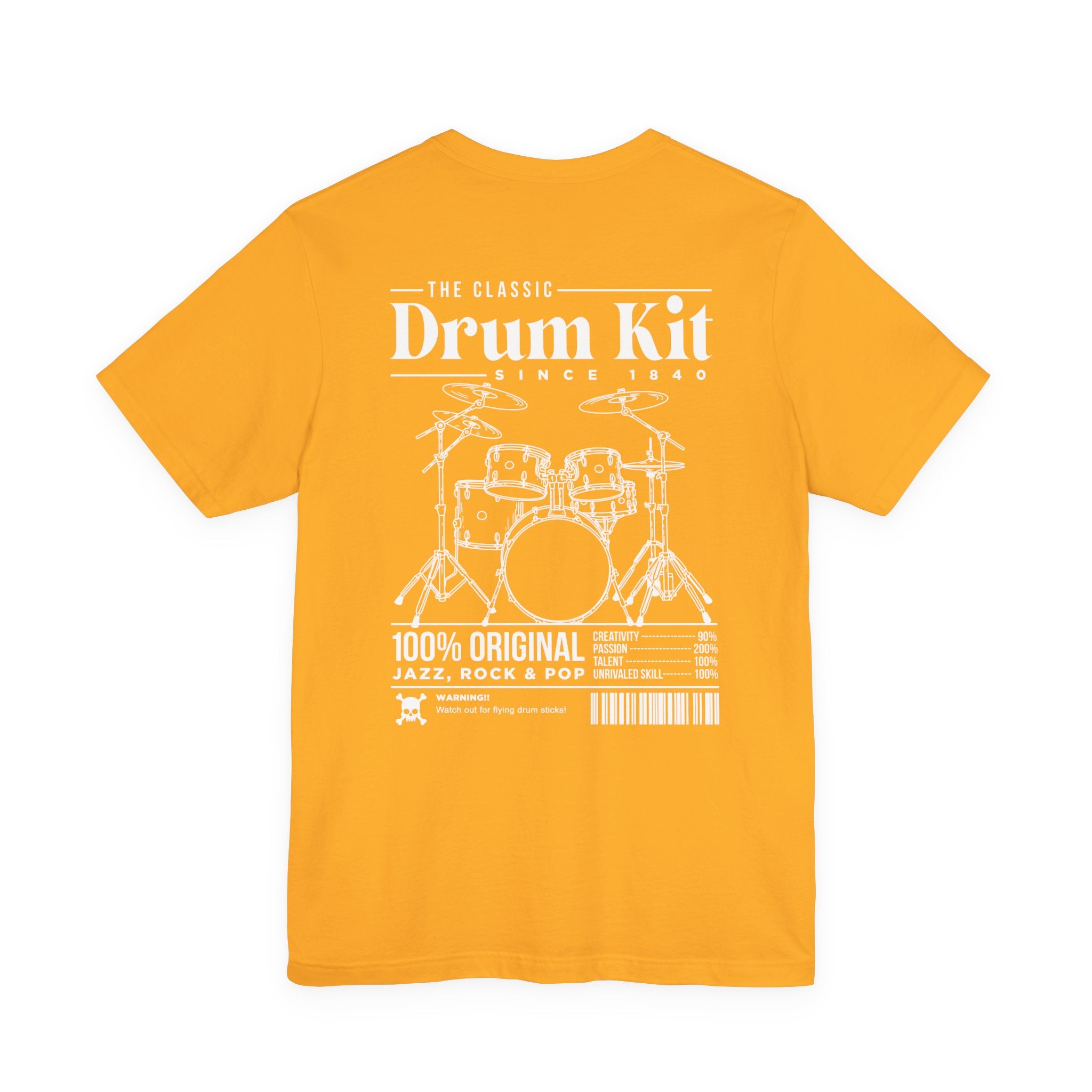 The Classic Drum Kit T-Shirt – Vintage Design with Bold Music Stats & Warning