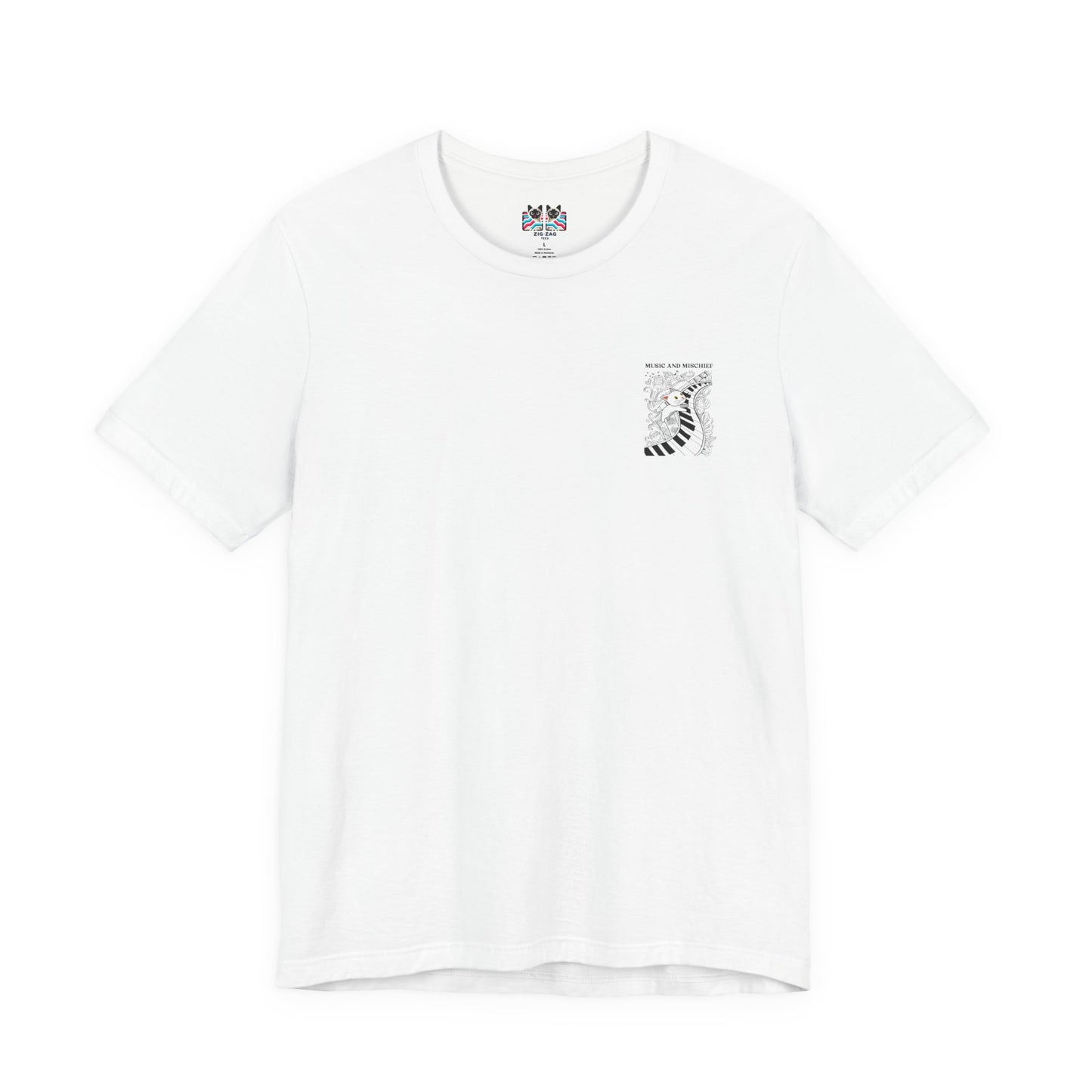 Music and Mischief T-Shirt – Piano and Playful Cat Graphic