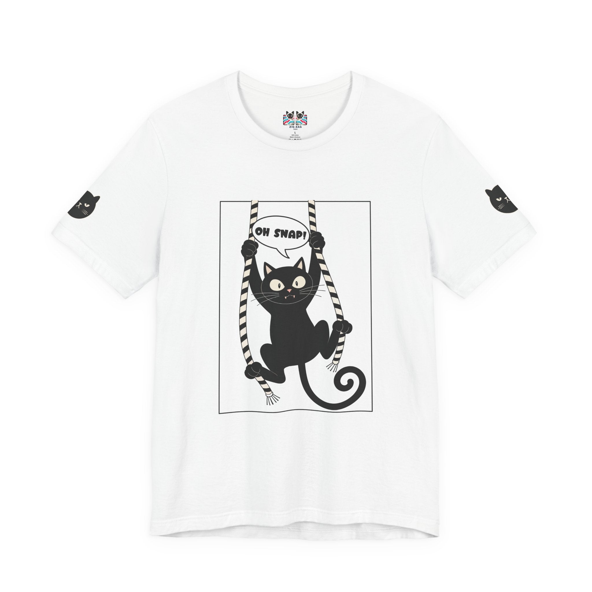 Oh Snap Funny Cat T-Shirt – Cat Hanging from Blinds Mischievous Kitten Humor Graphic Tee