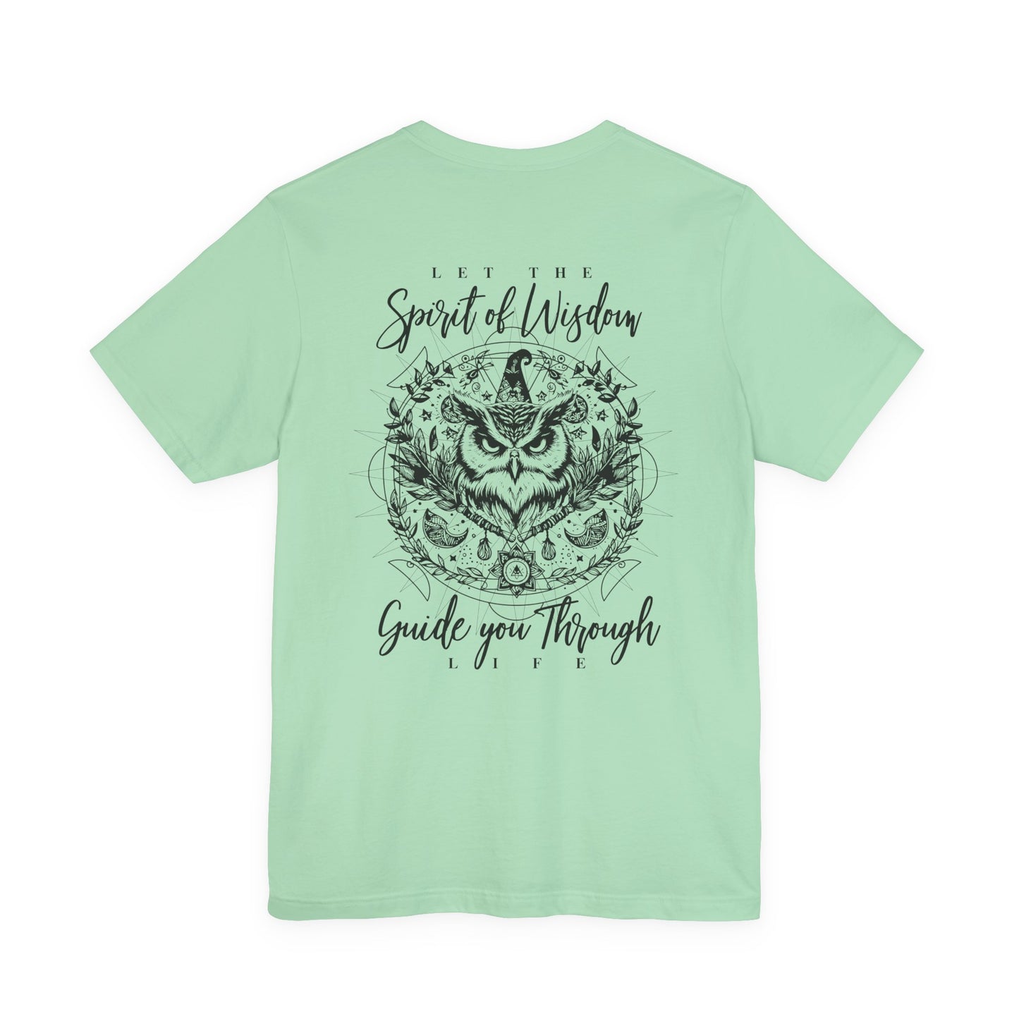 Spirit of Wisdom Owl T-Shirt – Wise Owl with Witch Hat and Medal [Black Text]