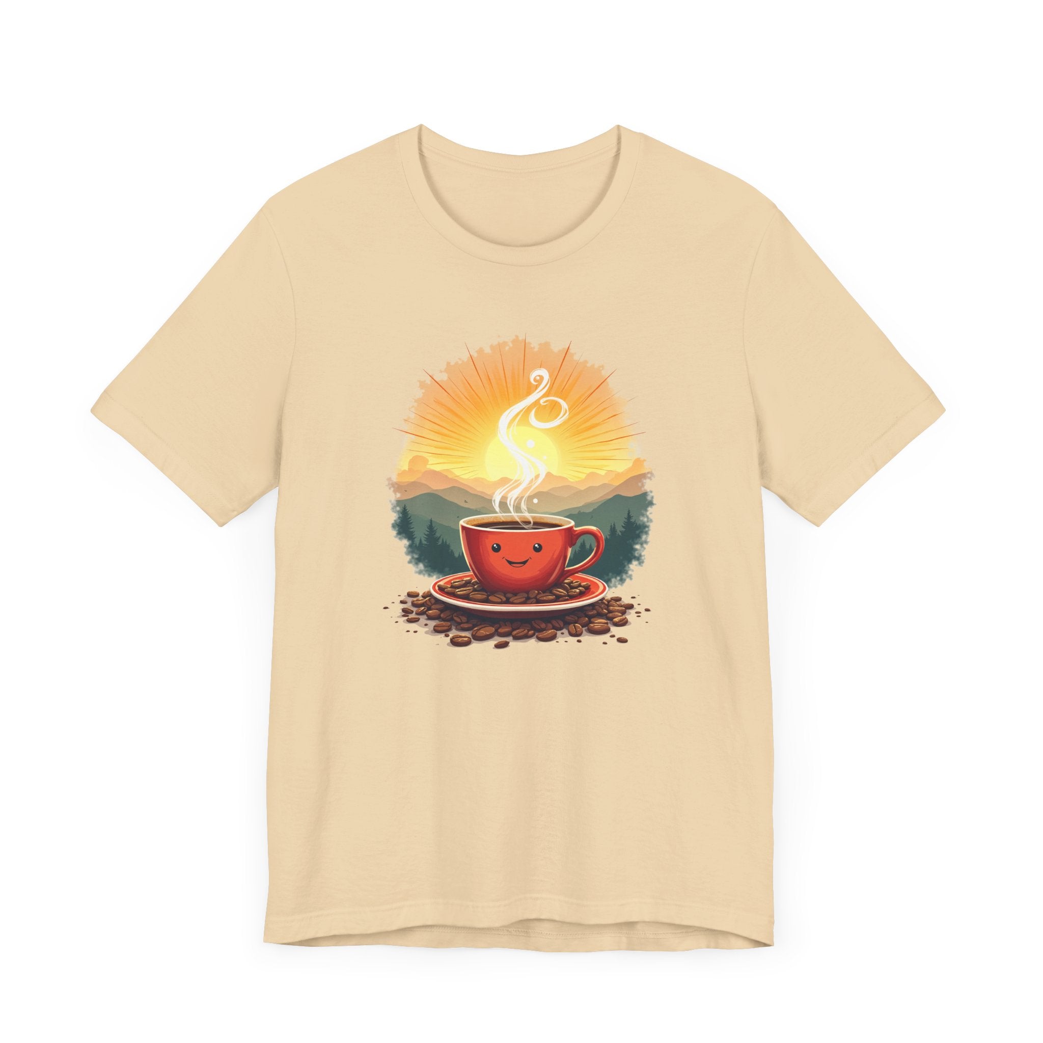Sunrise Coffee Cup with Coffee Beans and Radiant Morning Glow Graphic T-Shirt