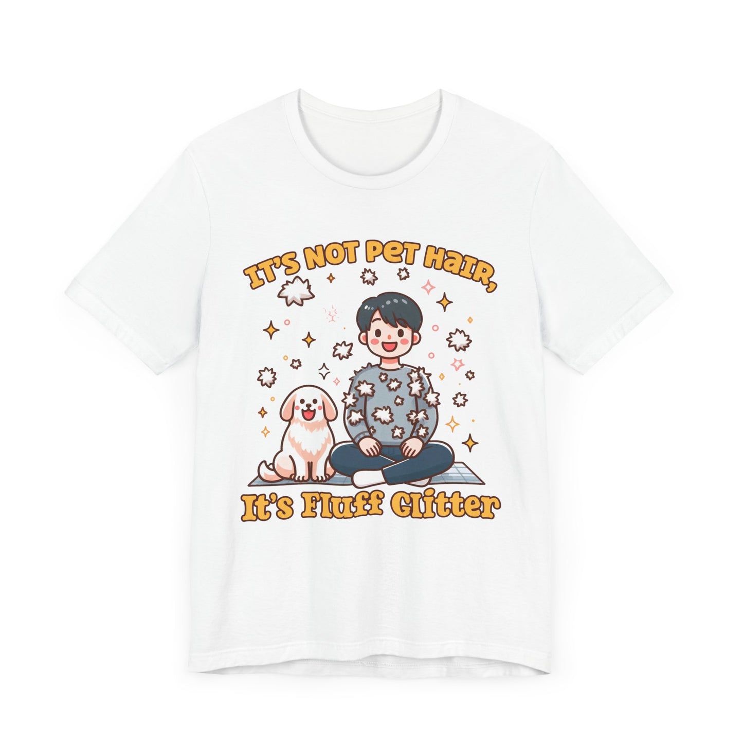 It's Not Pet Hair, It's Fluff Glitter | Smiling Puppy and Boy with Flying Hair & Glitter T-Shirt