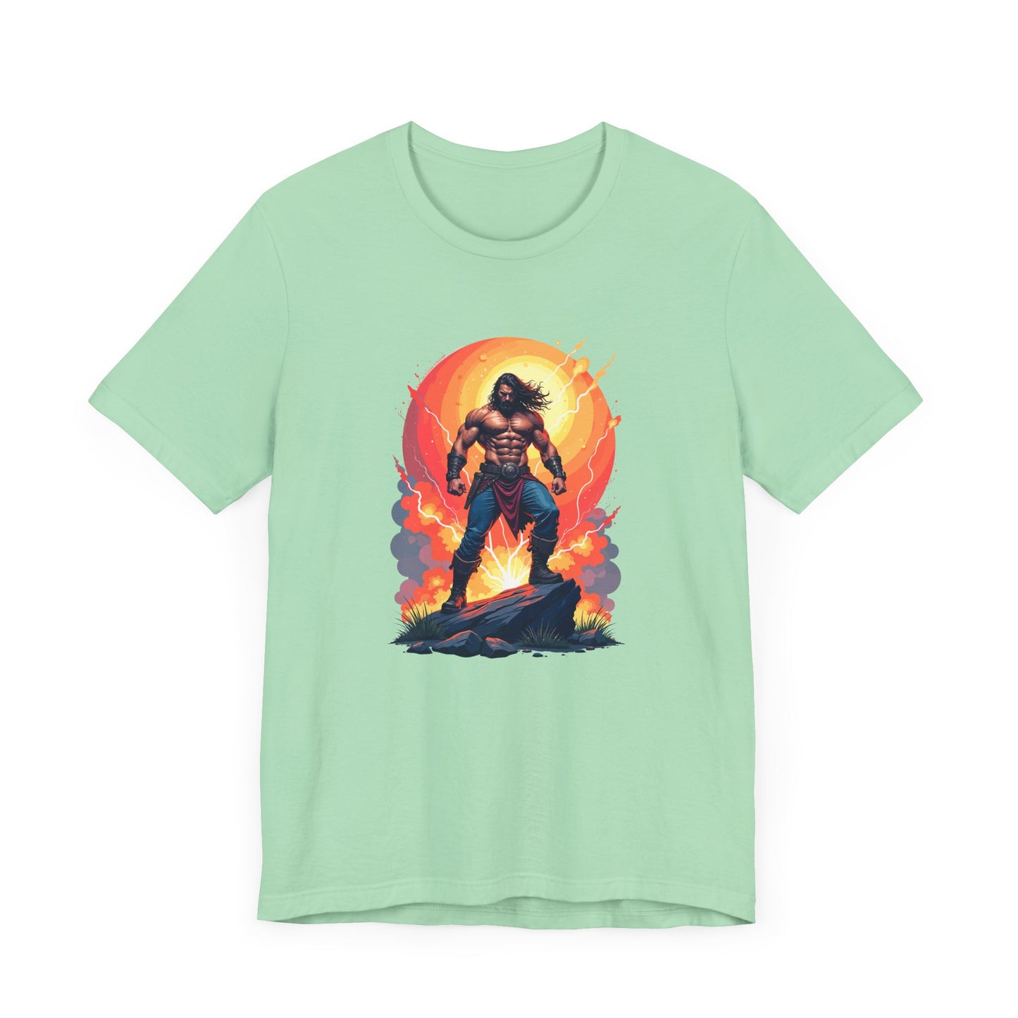 Power Unleashed – Strong Man on Rock with Lightning, Smoke & Fire Splash Graphic T-Shirt