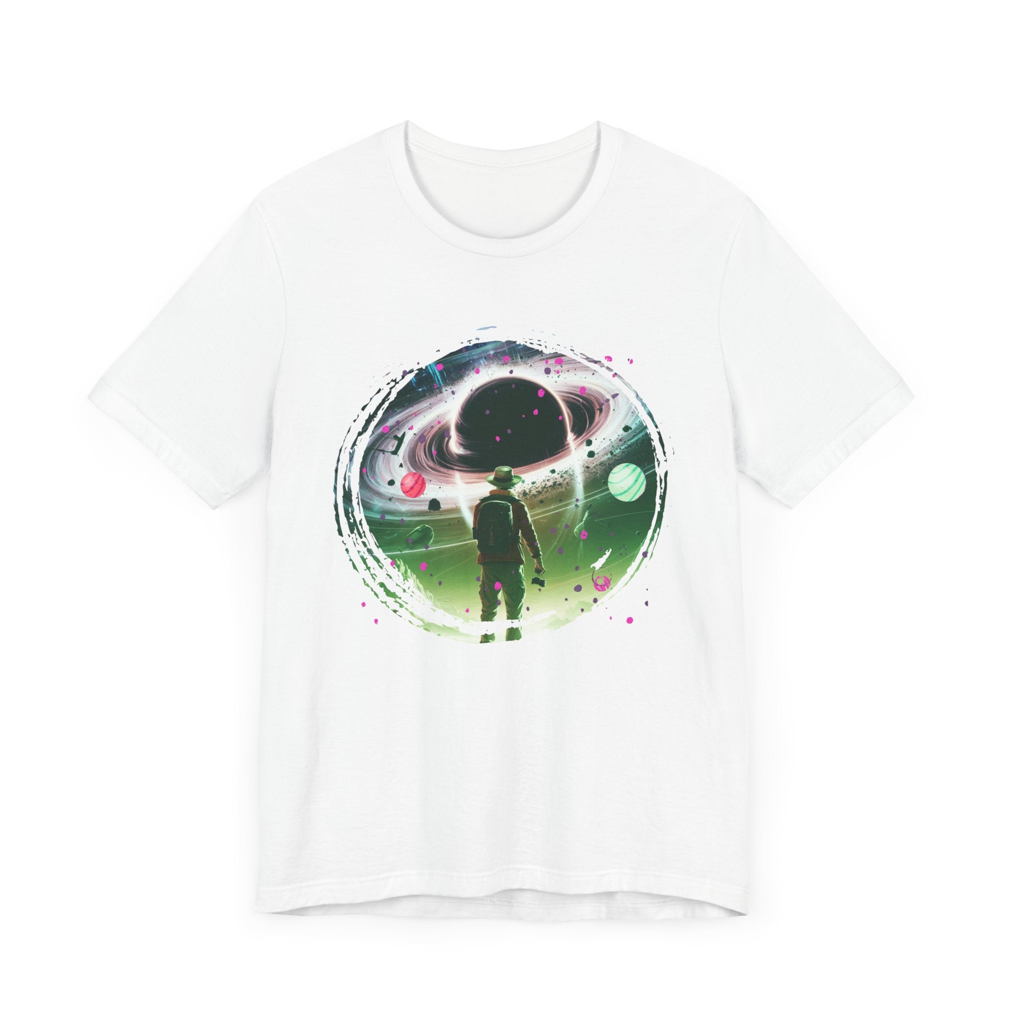 Shocked Traveler & Dramatic Planets | Backpacker Gazing at Planets Graphic T-Shirt