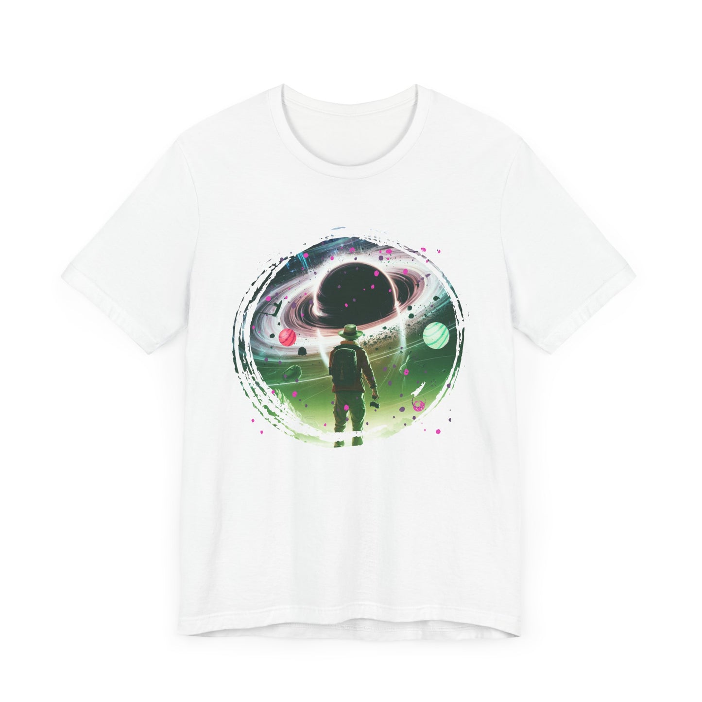 Shocked Traveler & Dramatic Planets | Backpacker Gazing at Planets Graphic T-Shirt