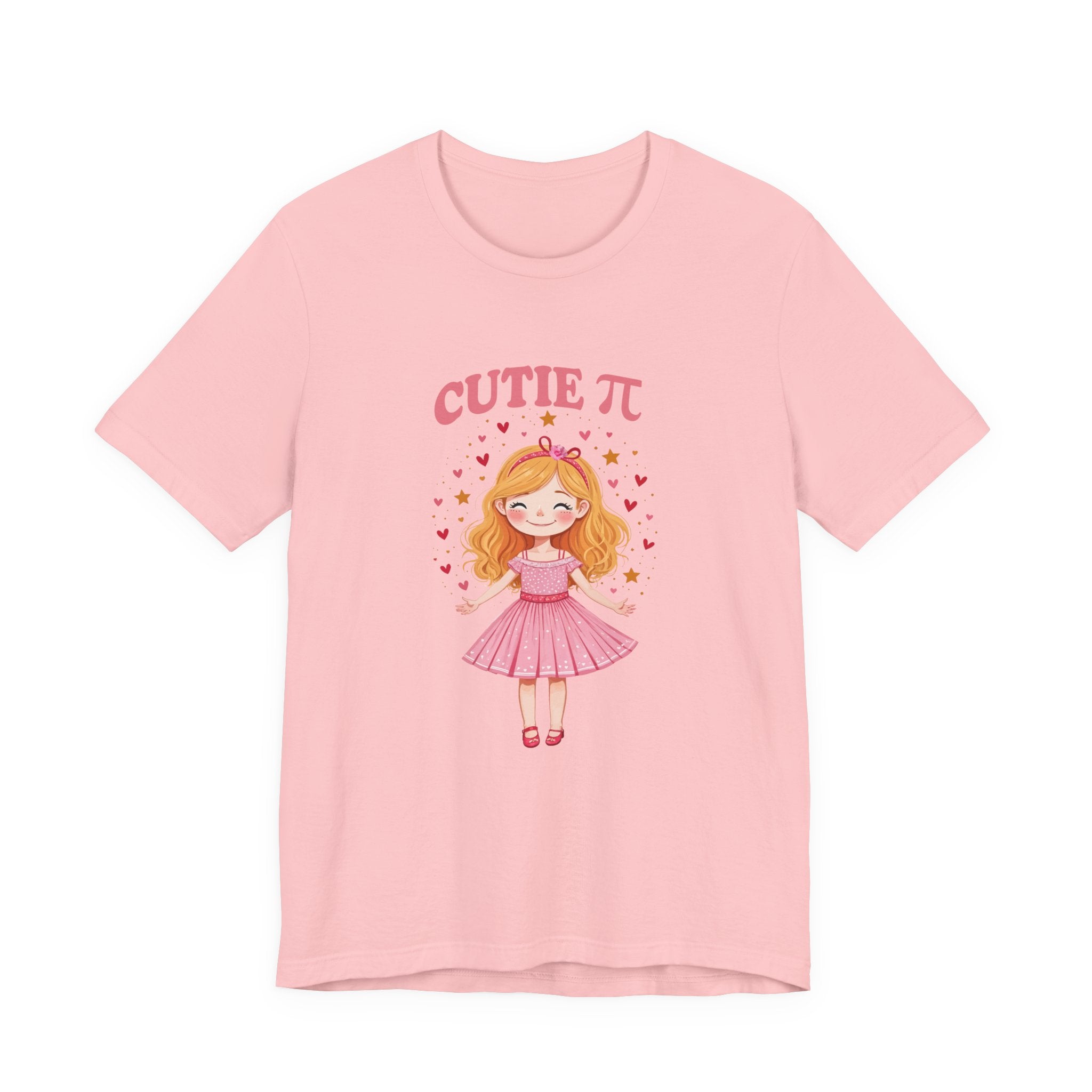 Cutie Pi Tshirt – Happy Girl with Pi Symbol, Hearts, and Stars Graphic