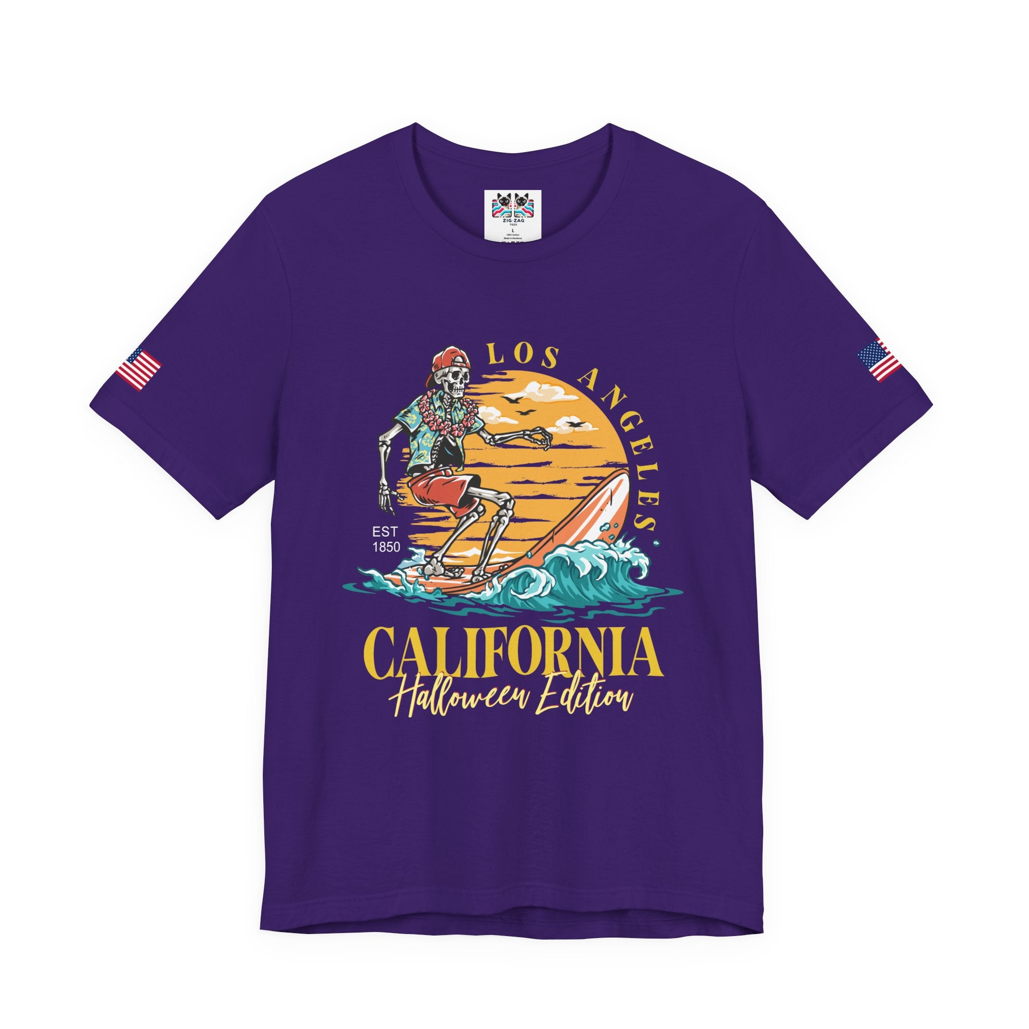 Los Angeles California Halloween Edition T-Shirt – Skeleton Surfer Beach EST 1850 Tee