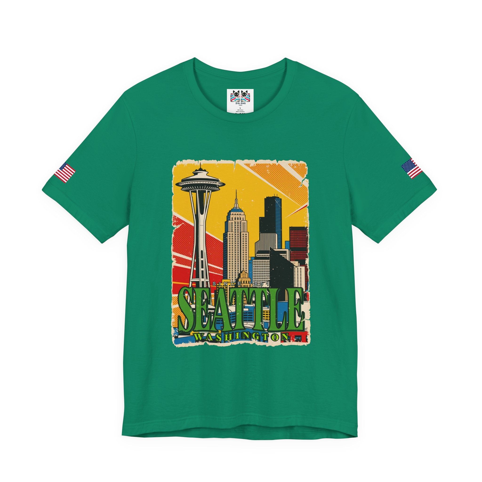 Seattle Washington Retro Pop Art Skyline T-Shirt | Space Needle Comic Style Graphic Tee | Seattle Souvenir Shirt