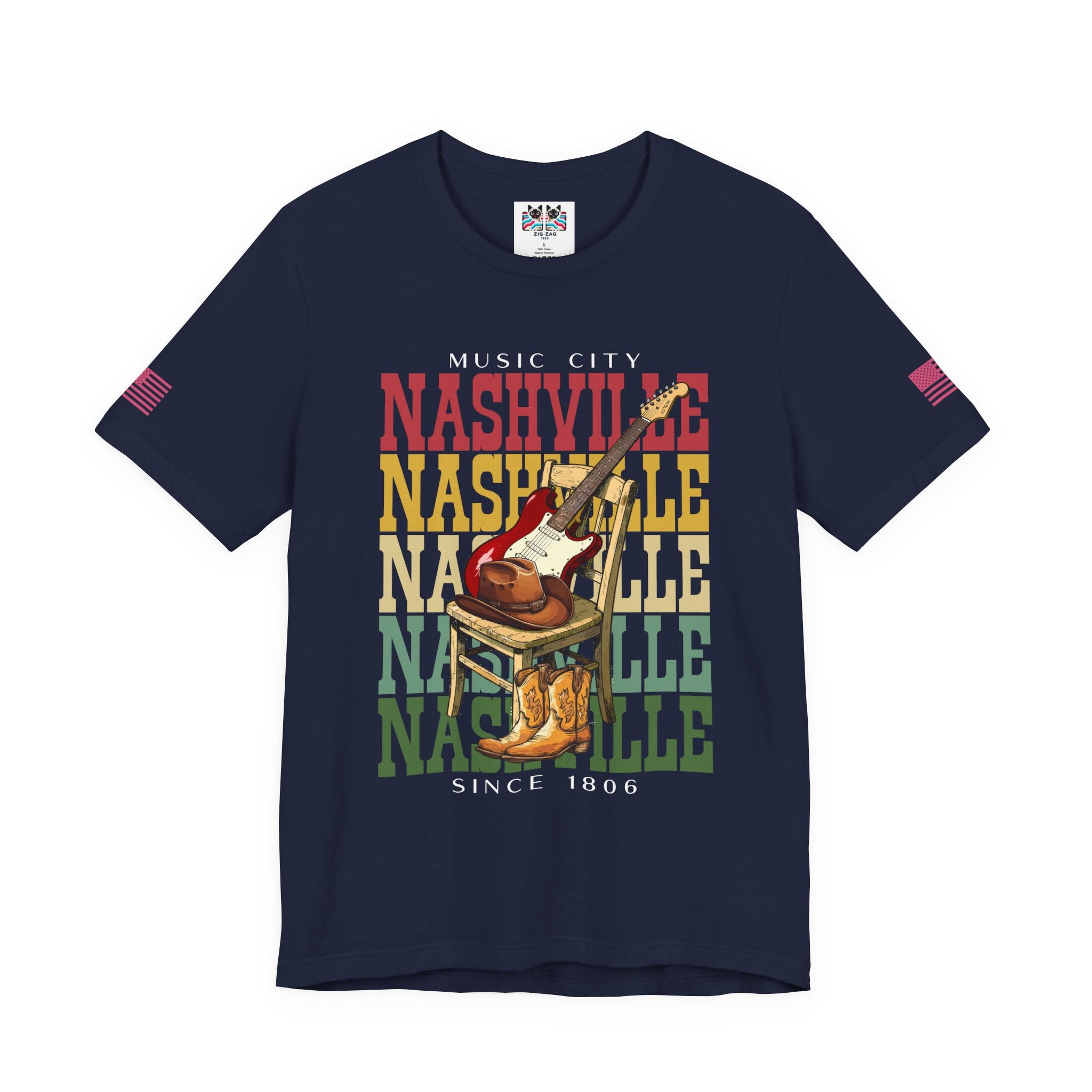 Music City Nashville T-Shirt – Stacked Repeat Typography Electric Guitar Cowboy Hat & Boots Graphic Tee Since 1806