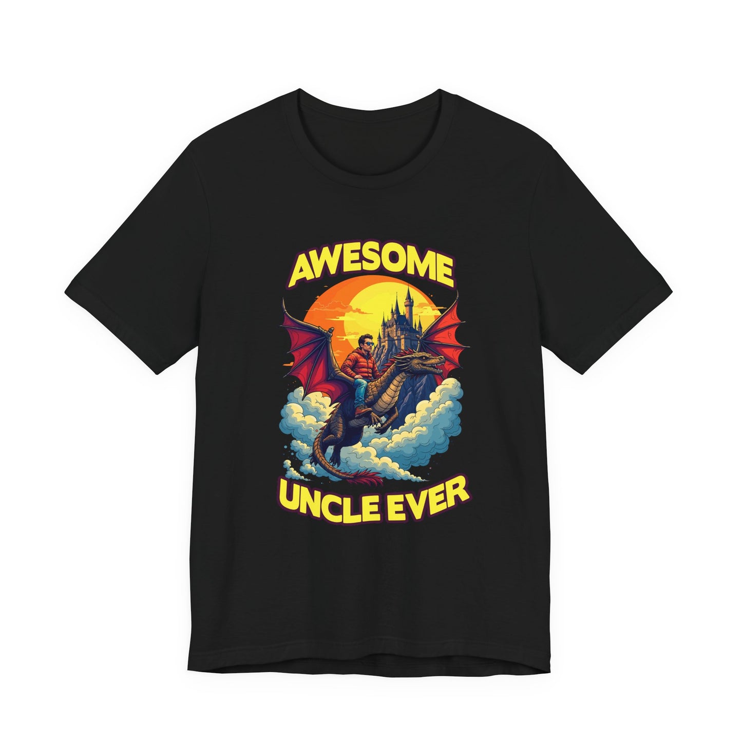 Awesome Uncle Ever Tshirt Man Riding Large Dragon Flying in Clouds with Castle in background
