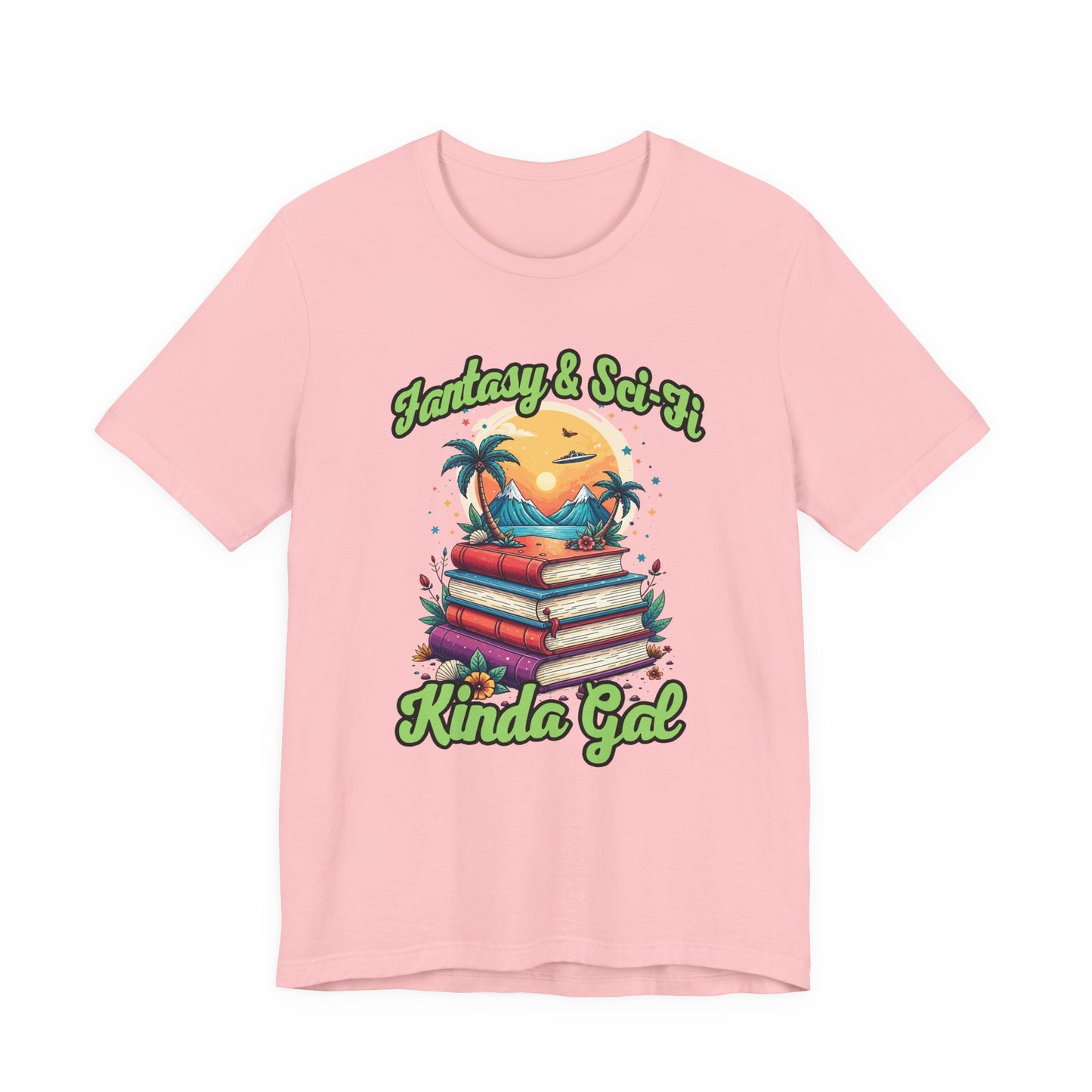 Fantasy And SciFi Kinda Gal Tshirt with Stacked Books with Flowers, Trees, Mountains and UFO