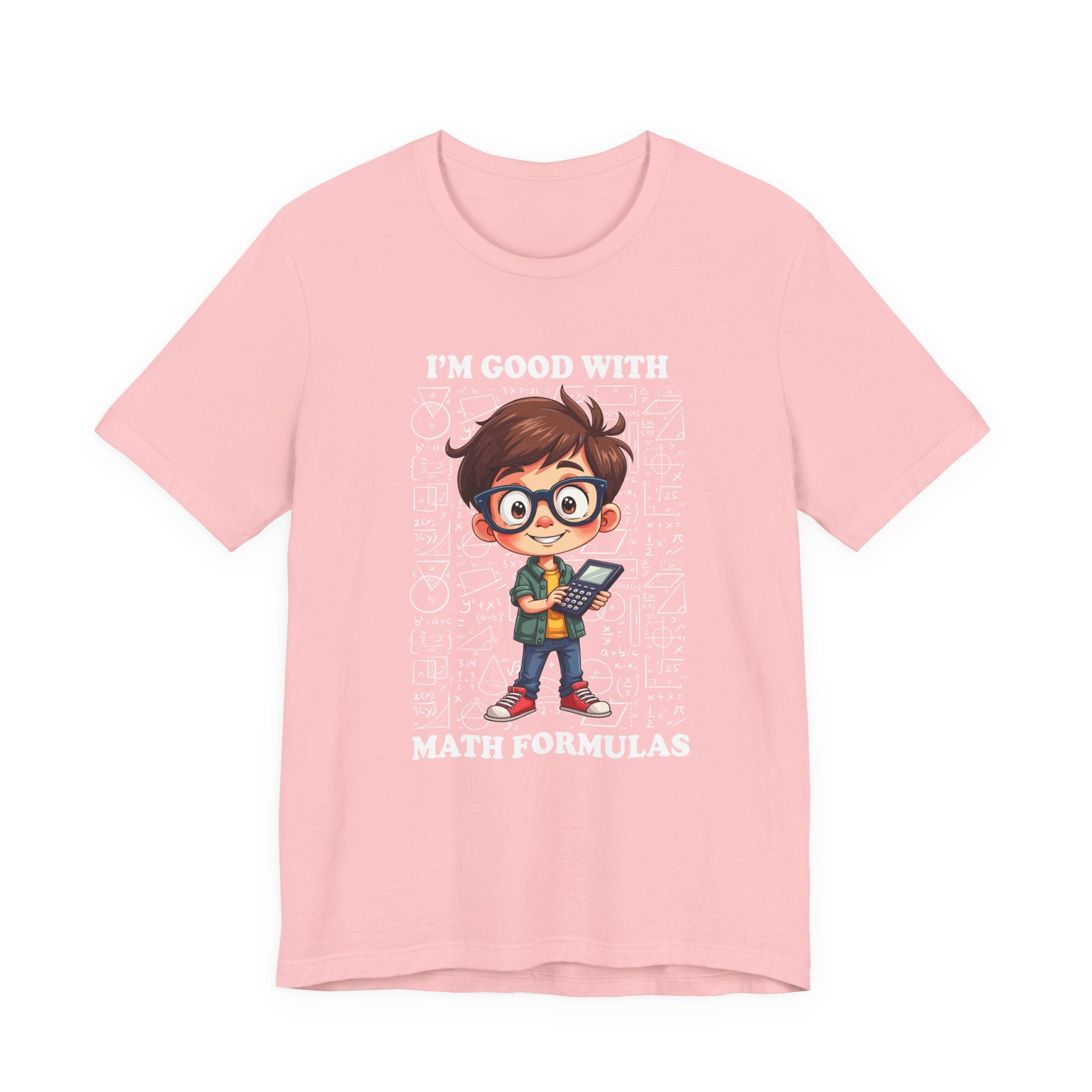I'm Good with Math Formulas Tshirt – Happy Boy with Calculator and Math Diagrams