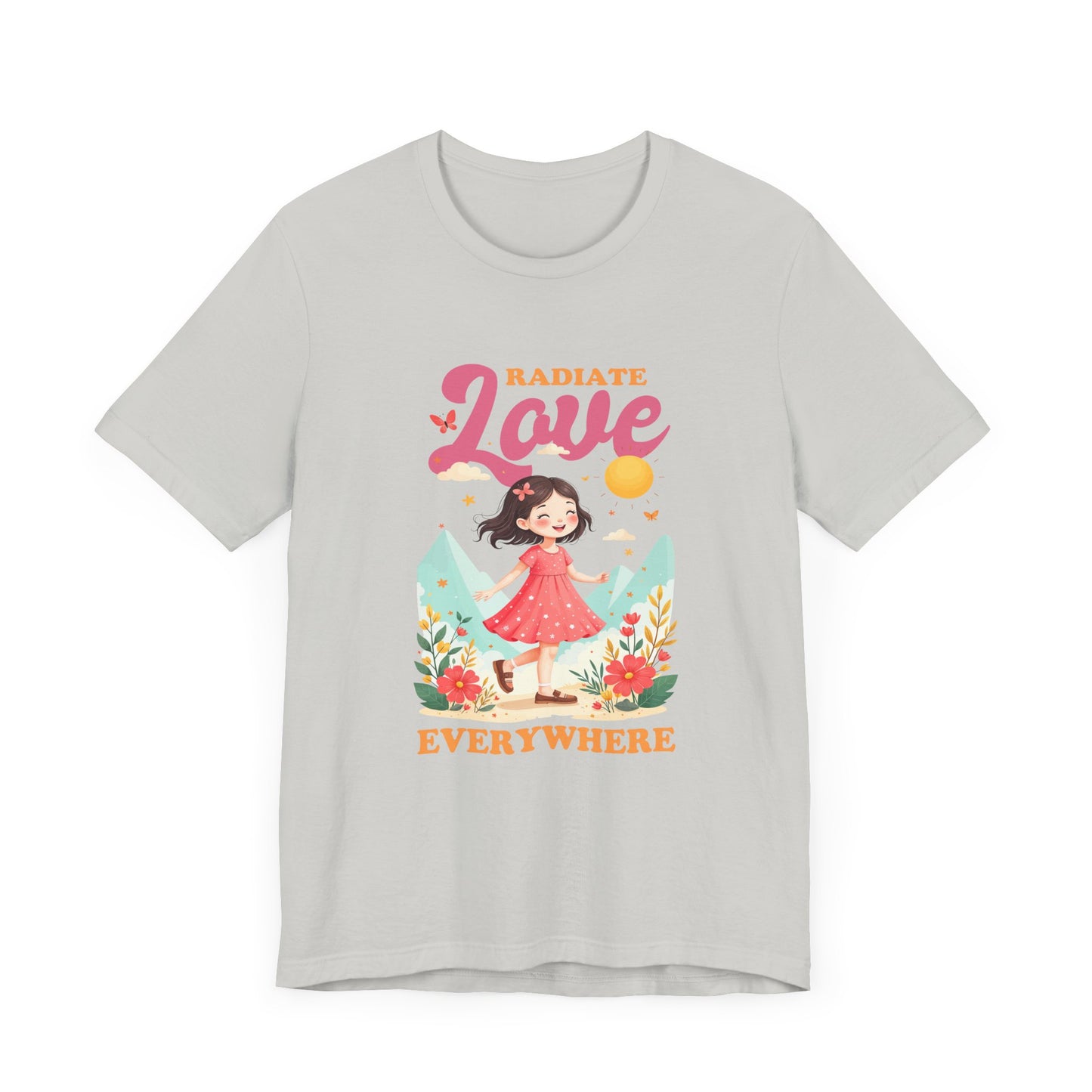 Radiate LOVE Everywhere – Happy Girl Walking in Flower Garden with Butterflies Graphic T-Shirt