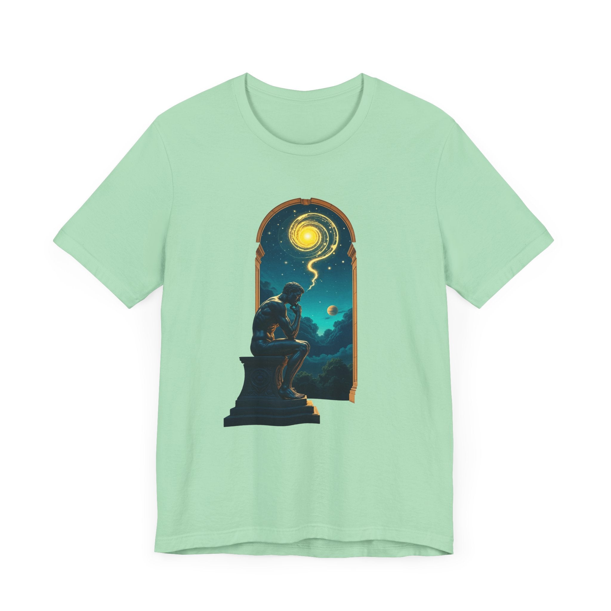 Muscular Statue Deep in Thought on Stage with Scenic Window View Graphic T-Shirt