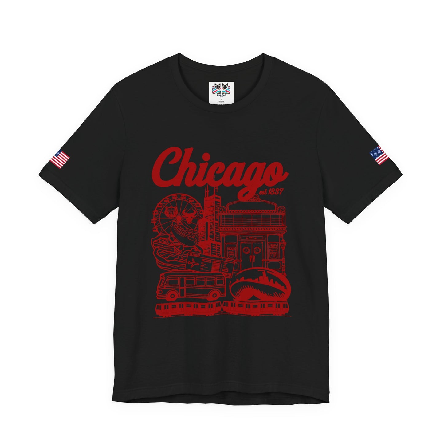 Chicago Est 1837 T-Shirt - Iconic Landmarks Yellow Red Illinois Tourist Collage