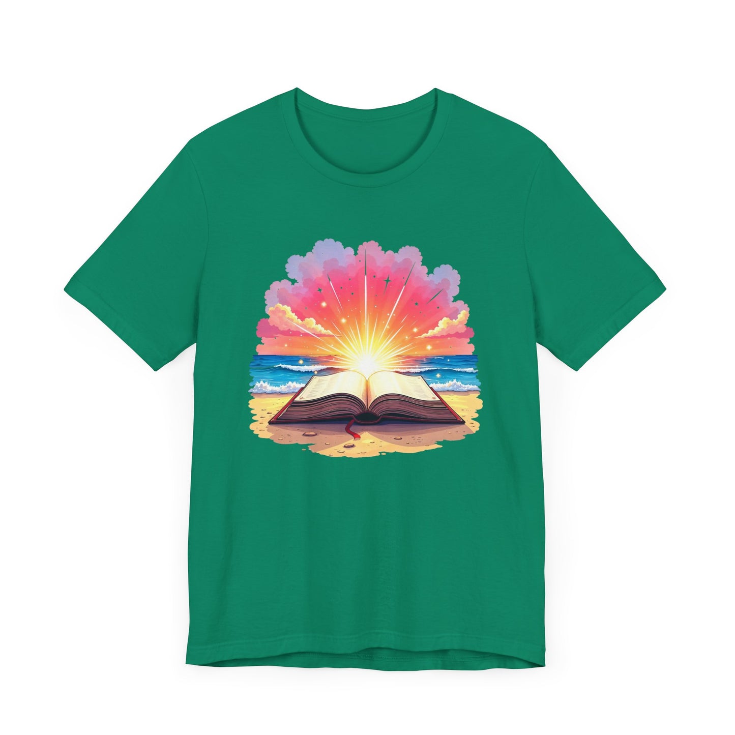 Magical Open Book on Beach with Radiant Flashlight Graphic T-Shirt