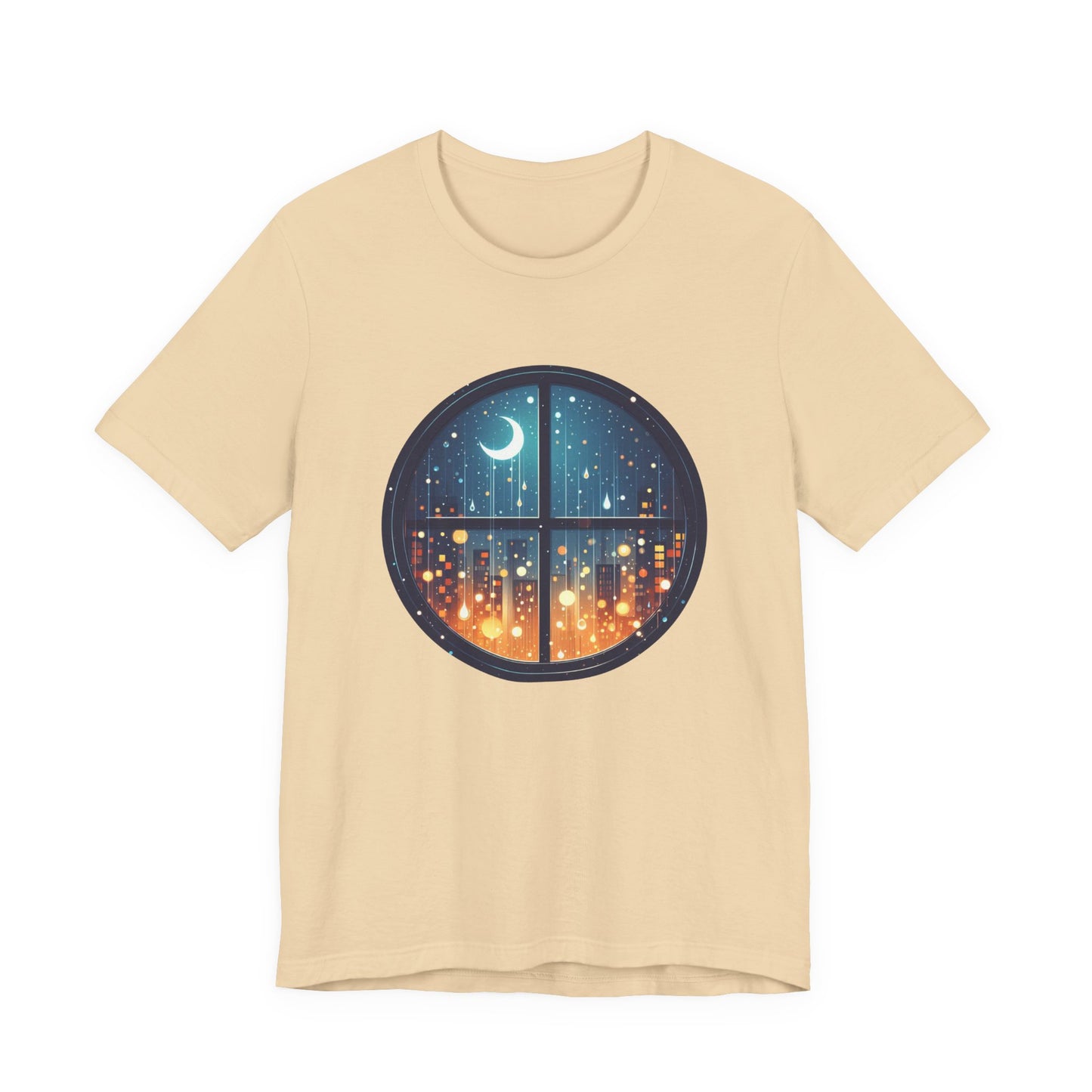 Dreaming Under Drizzles – Crescent Moon & Rainy Night in a City Window Graphic T-Shirt