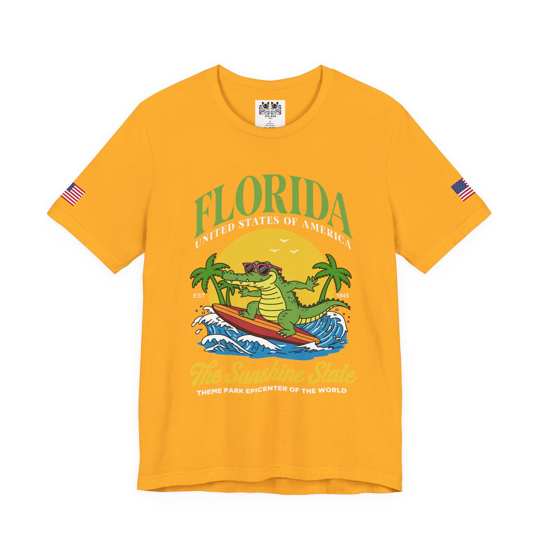 Florida Sunshine State T-Shirt – Surfing Alligator EST 1845 Theme Park Epicenter USA Tee