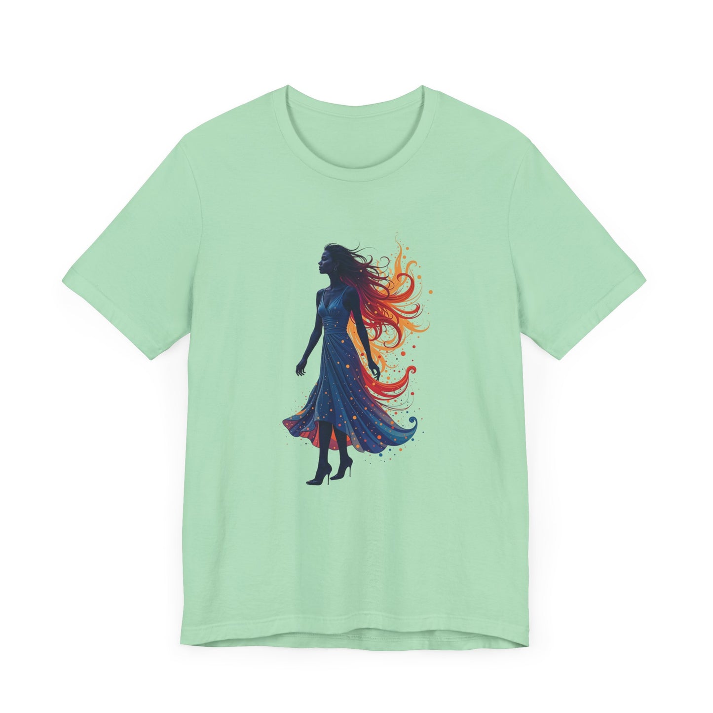 Graceful Woman with Swirling Autumn Aura – Abstract Colorful Swirl Graphic T-Shirt