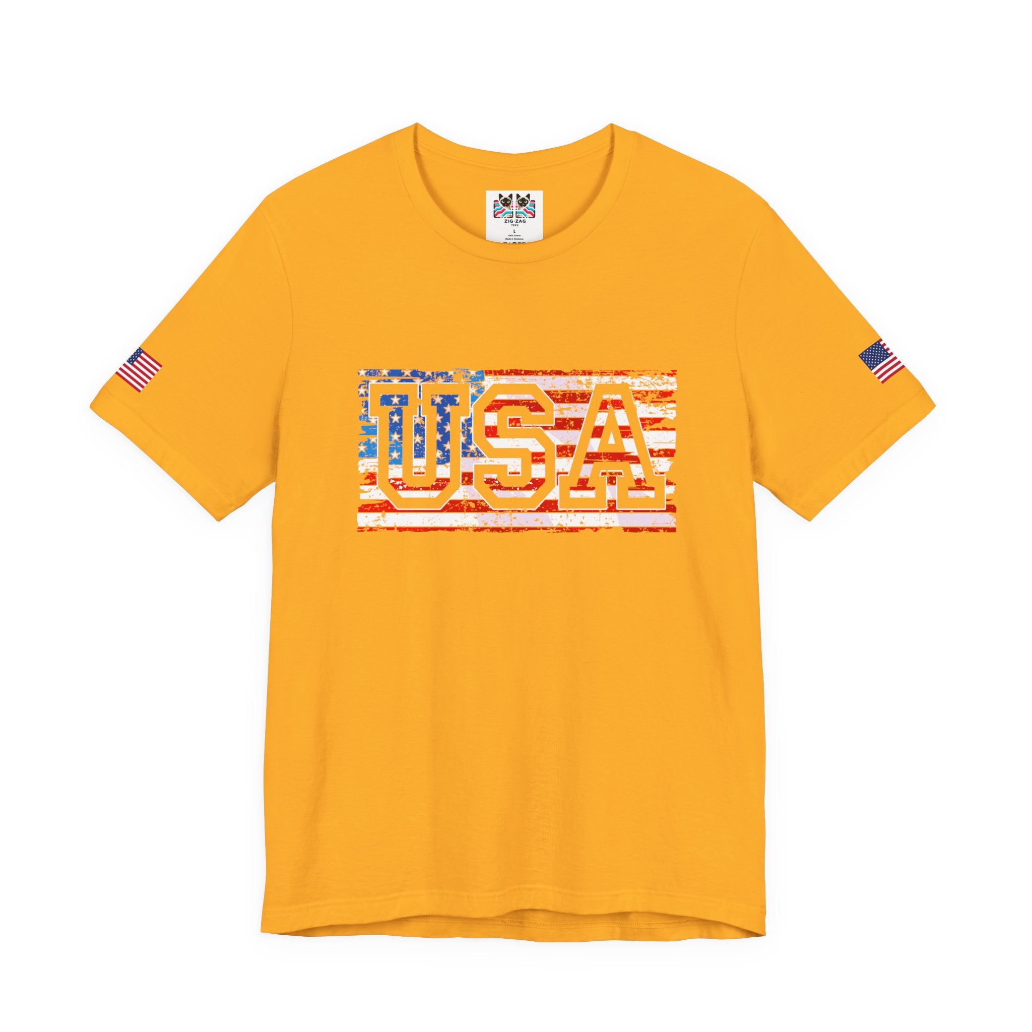 USA Vintage Collegiate T-Shirt – Retro American Flag Typography Graphic Tee