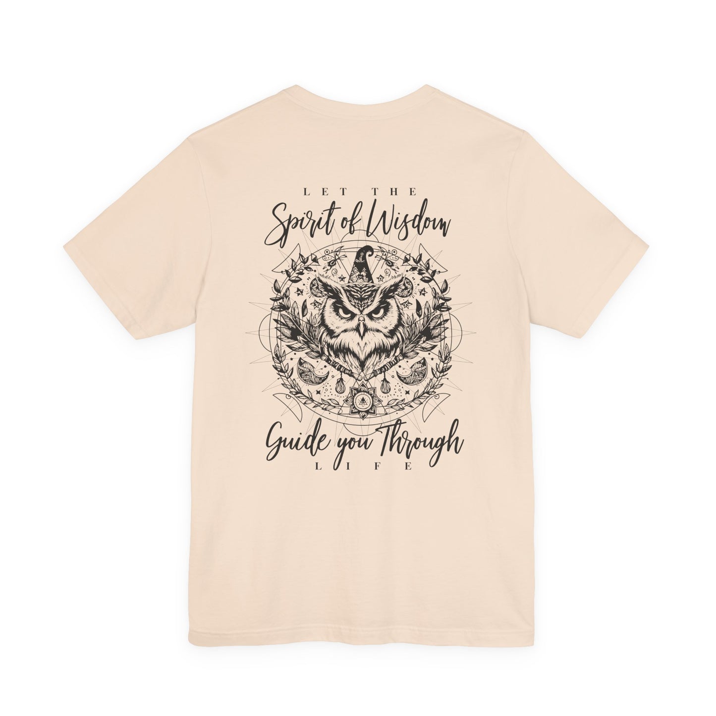 Spirit of Wisdom Owl T-Shirt – Wise Owl with Witch Hat and Medal [Black Text]