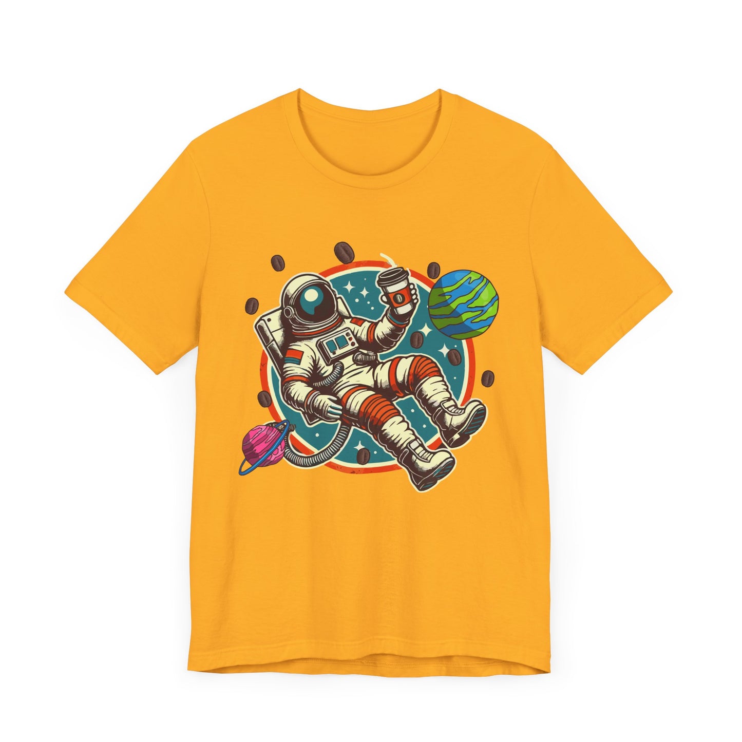 Space Coffee Break | Astronaut Floating with Coffee Cup & Planets Graphic T-Shirt