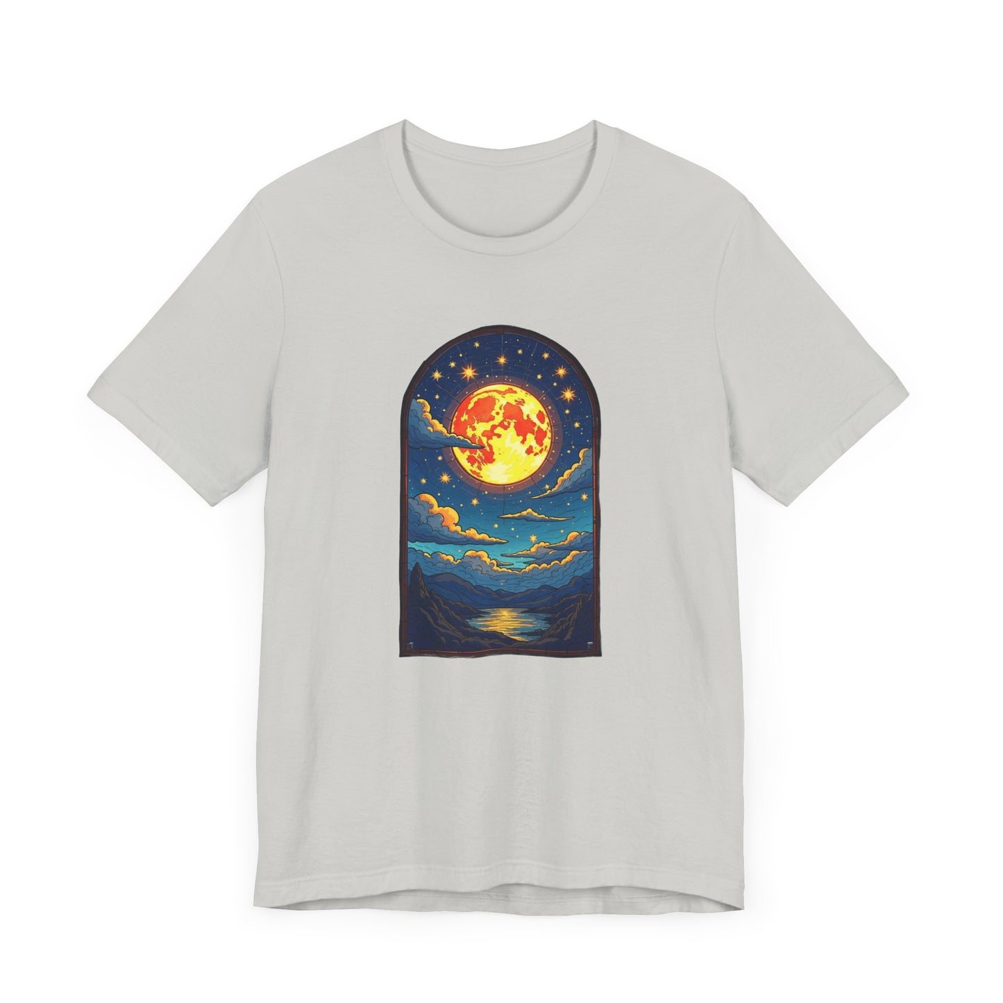 Castle Window View of Glowing Full Moon with Reflection and Stars Graphic T-Shirt