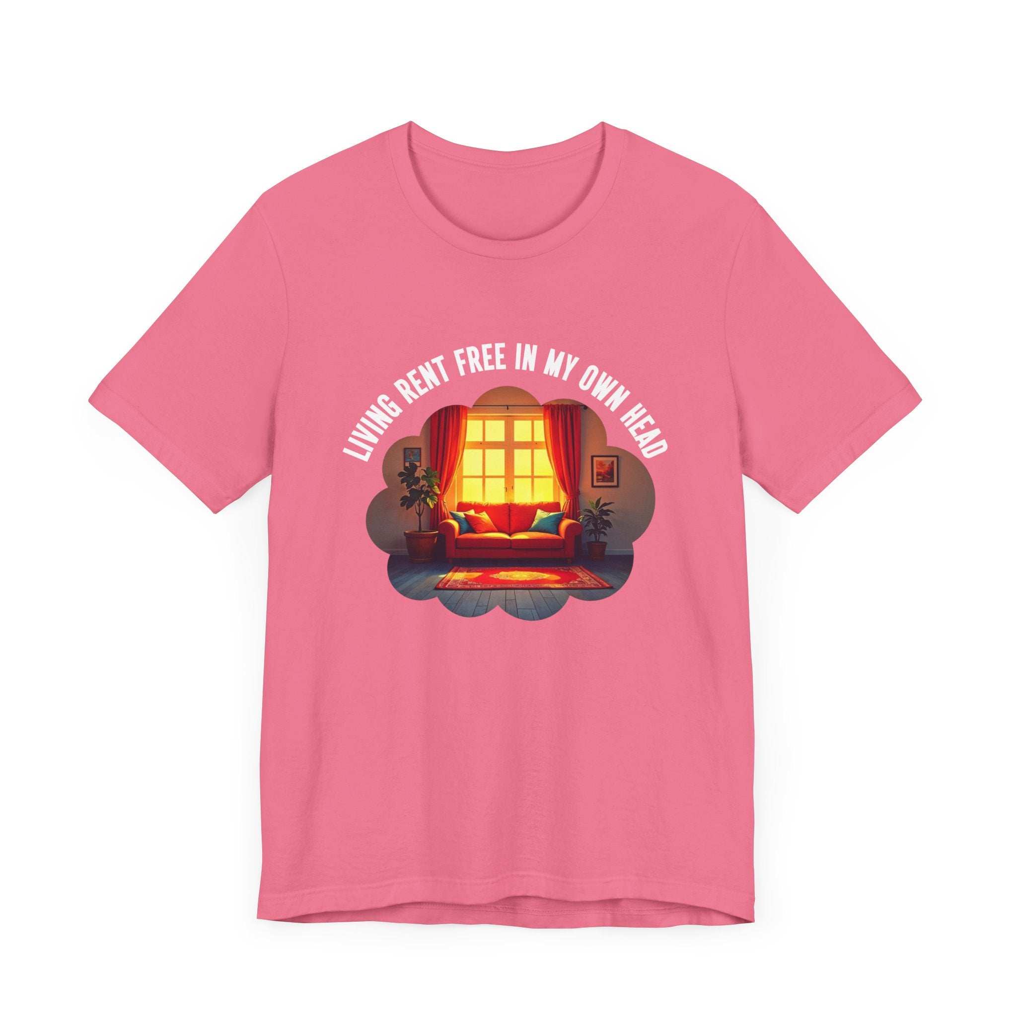 Living Rent Free in My Own Head – Cozy Living Room with Sofa & Sunlit Window Graphic T-Shirt