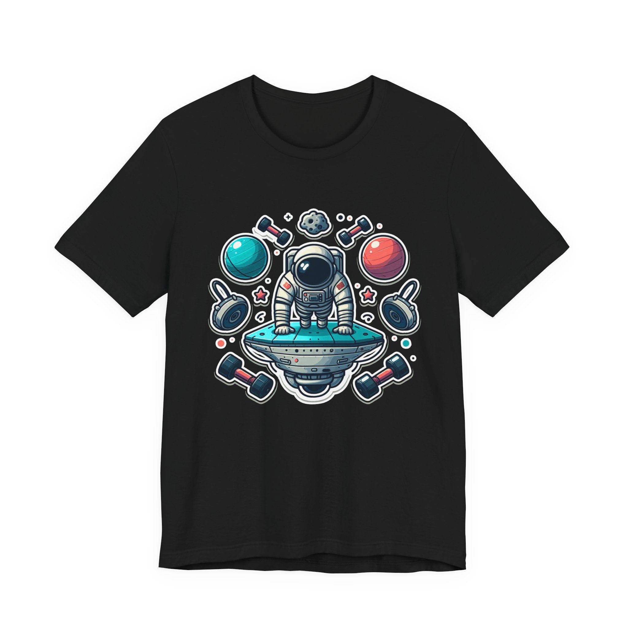 Rocket Science is My Cardio - Astronaut Doing Pushups Tshirt – Space Workout with Gadgets, Planets, and Dumbbells