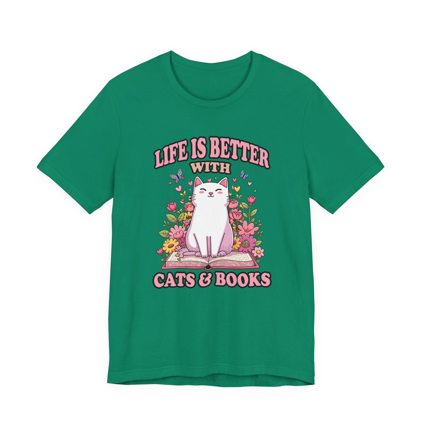 Life Is Better With Cat And Books Tshirt Cat Sitting on Open Book Flower Graphic