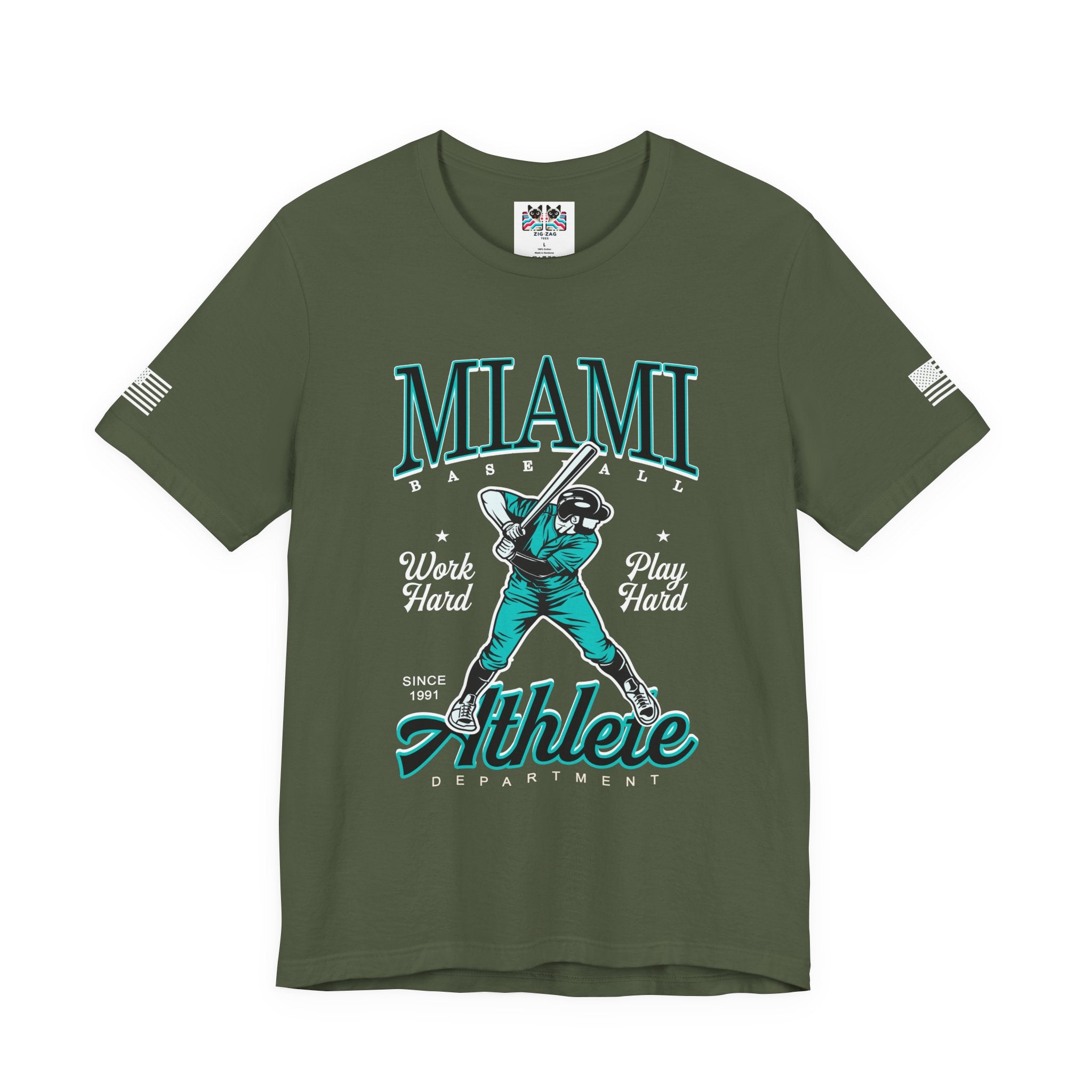 Miami Baseball Athlete Department T-Shirt – Work Hard Play Hard Since 1991 Graphic Tee