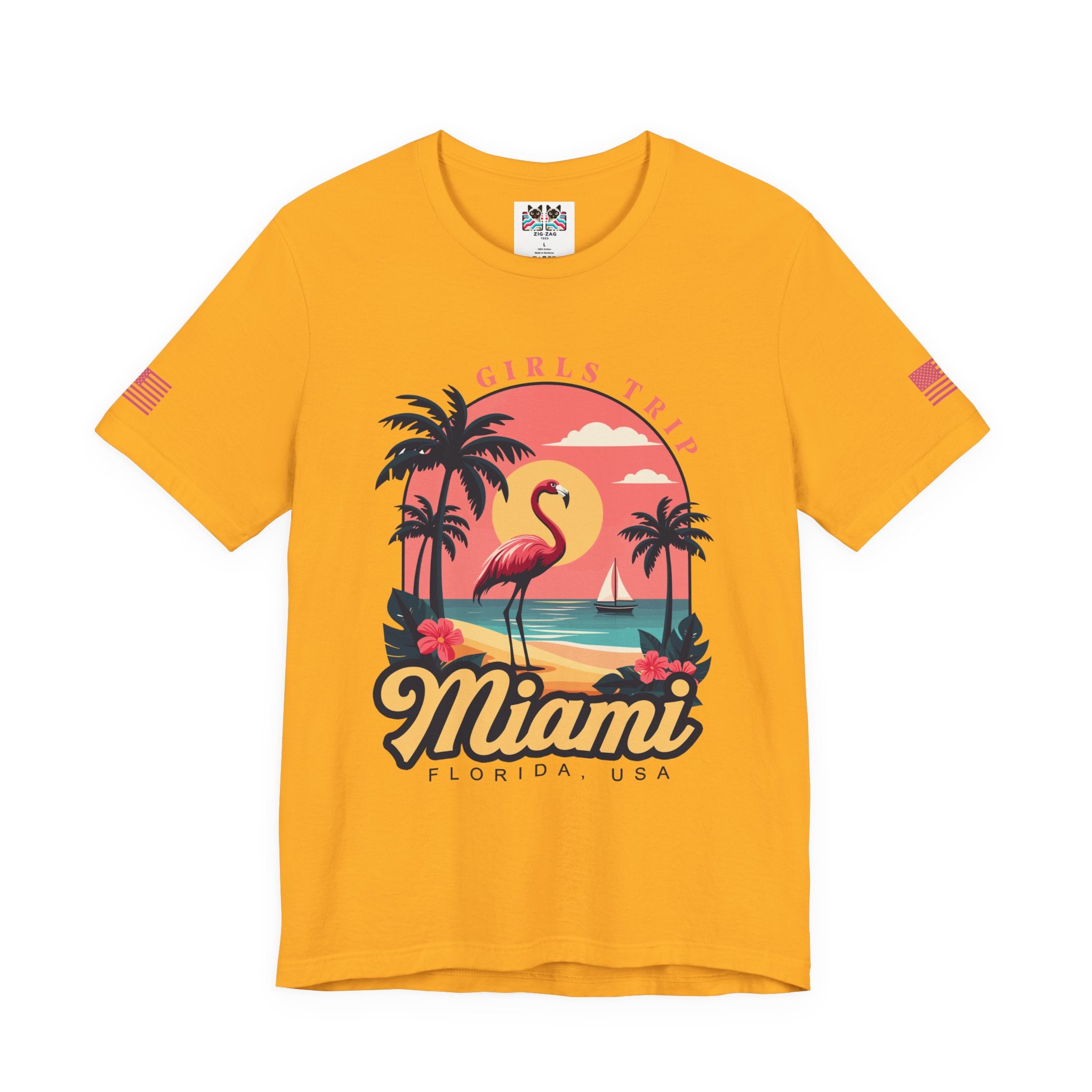 Miami Girls Trip Florida USA T-Shirt – Flamingo Sunset Palm Tree Beach Graphic Tee