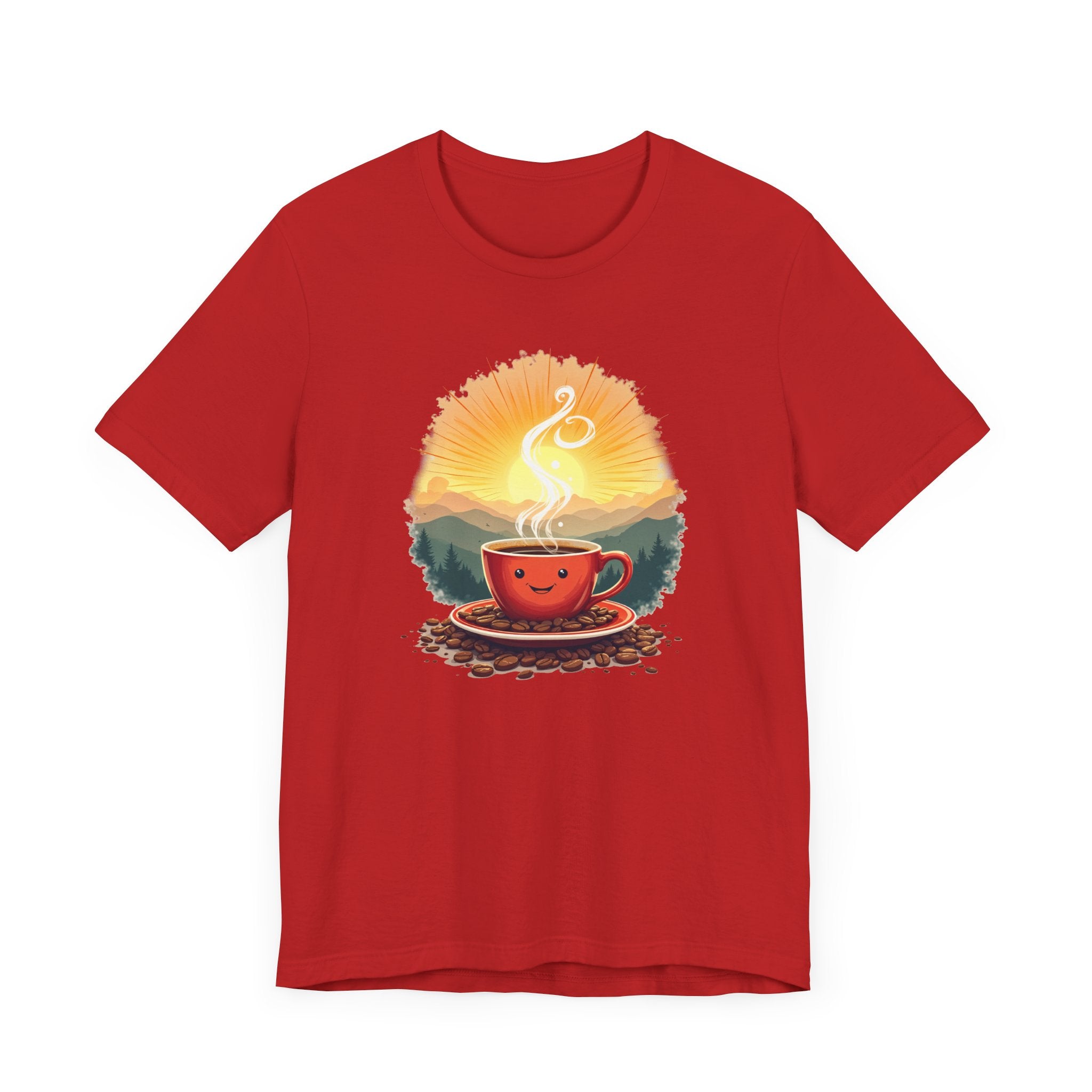 Sunrise Coffee Cup with Coffee Beans and Radiant Morning Glow Graphic T-Shirt