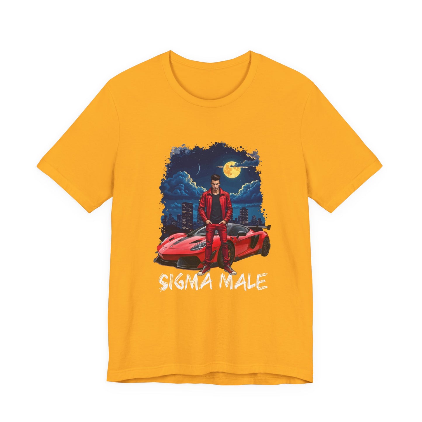 SIGMA MALE – Man in Red Jacket with Racing Car and Full Moon Graphic T-Shirt