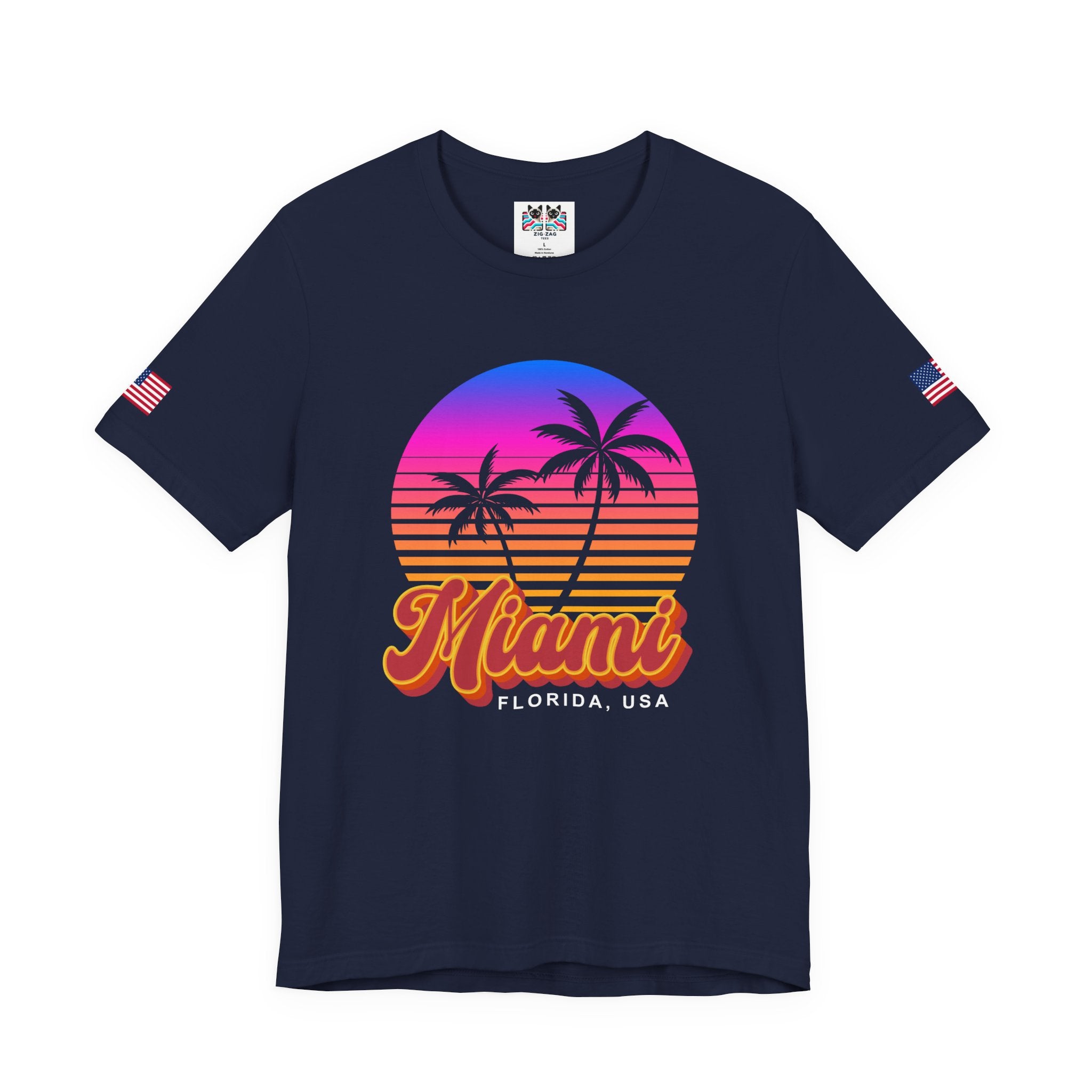 Miami Florida USA T-Shirt – Retro Neon Sunset Palm Tree Circle Graphic Tee