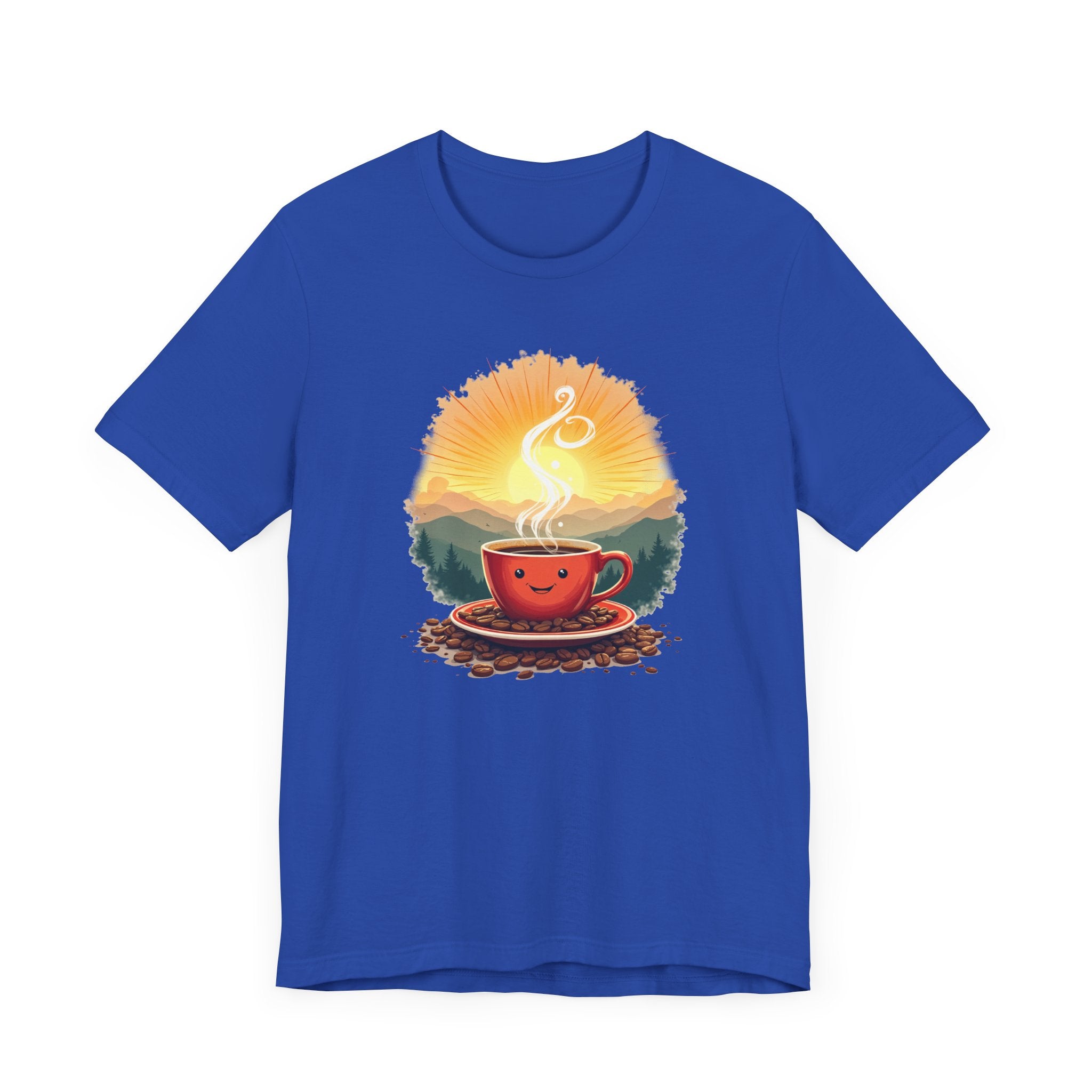Sunrise Coffee Cup with Coffee Beans and Radiant Morning Glow Graphic T-Shirt