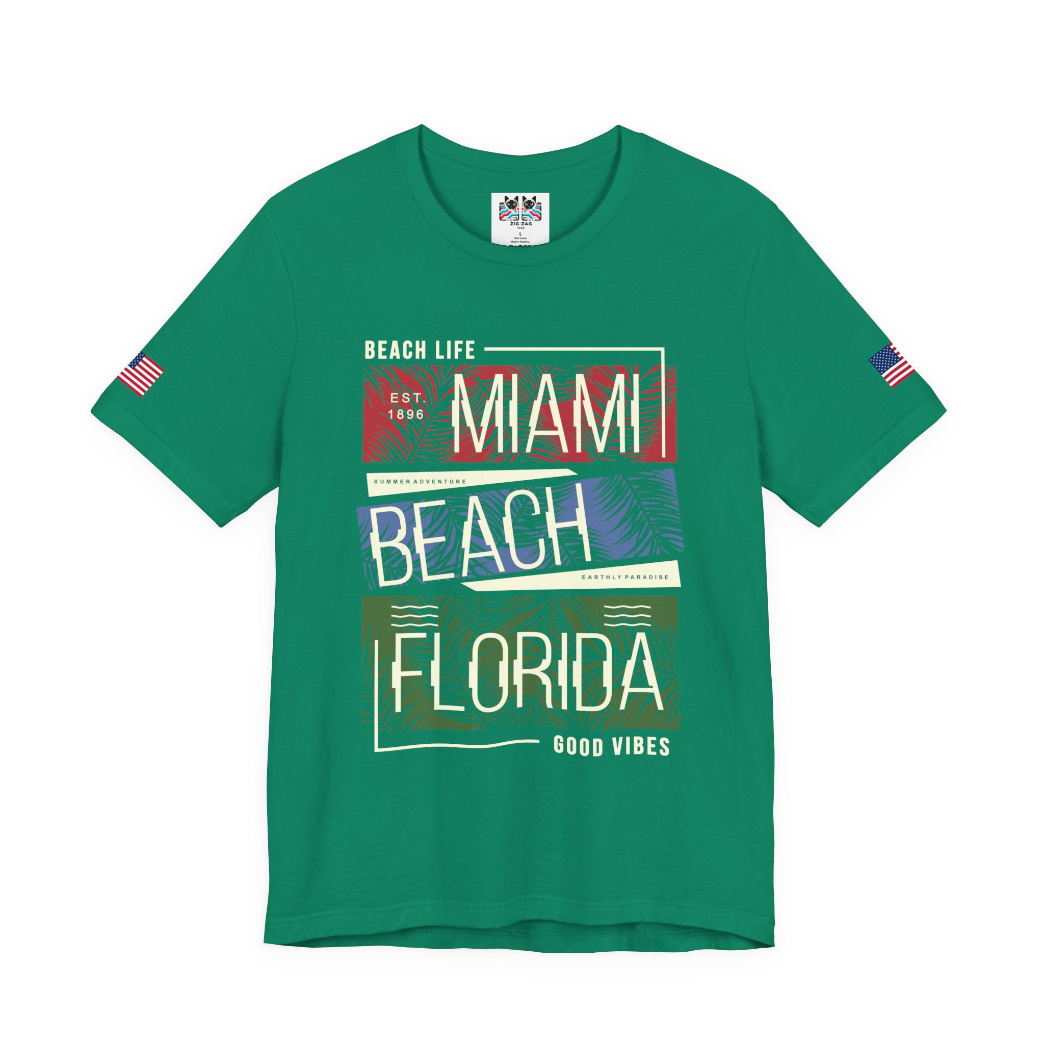 Miami Beach Florida T-Shirt – Beach Life EST 1896 Good Vibes Tropical Panel Graphic Tee