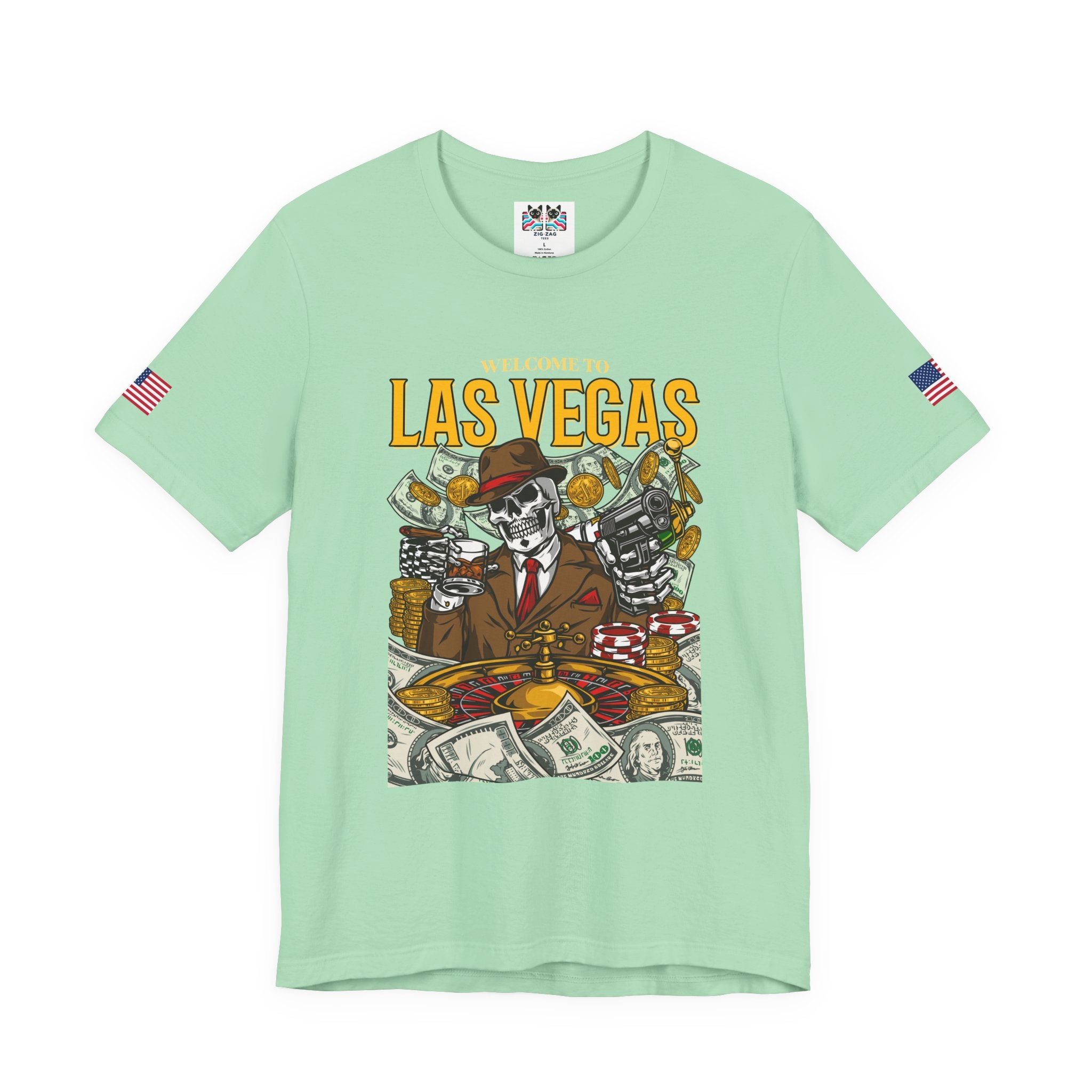 Welcome to Las Vegas Skeleton Gangster T-Shirt – Skull Casino Roulette Graphic Tee